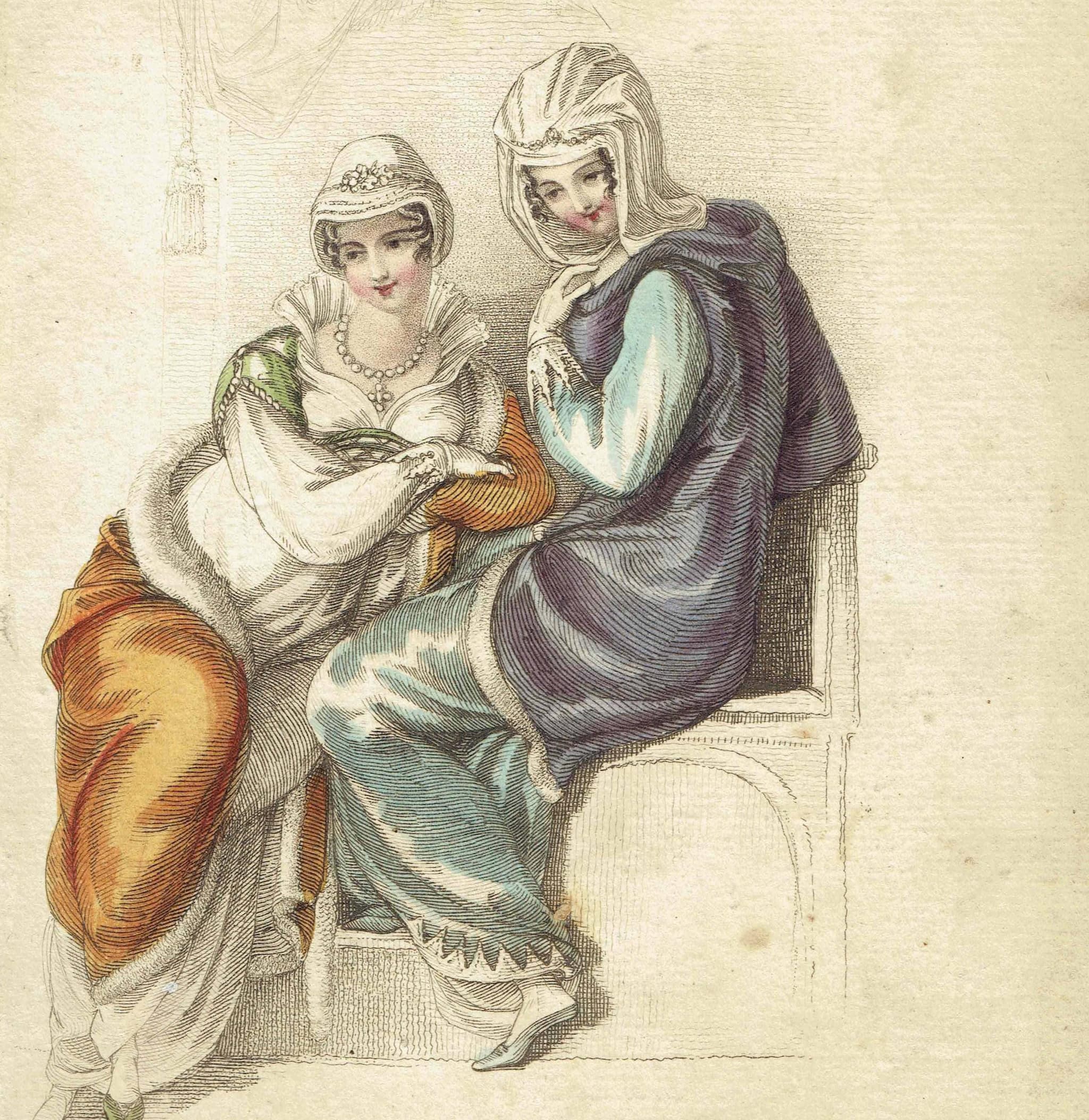 1811 Opera Dresses Fashion - Original Antique Hand-Coloured Print - Theatrical Costume Historical Clothing Study - 5.5 x 9 in - Image 1