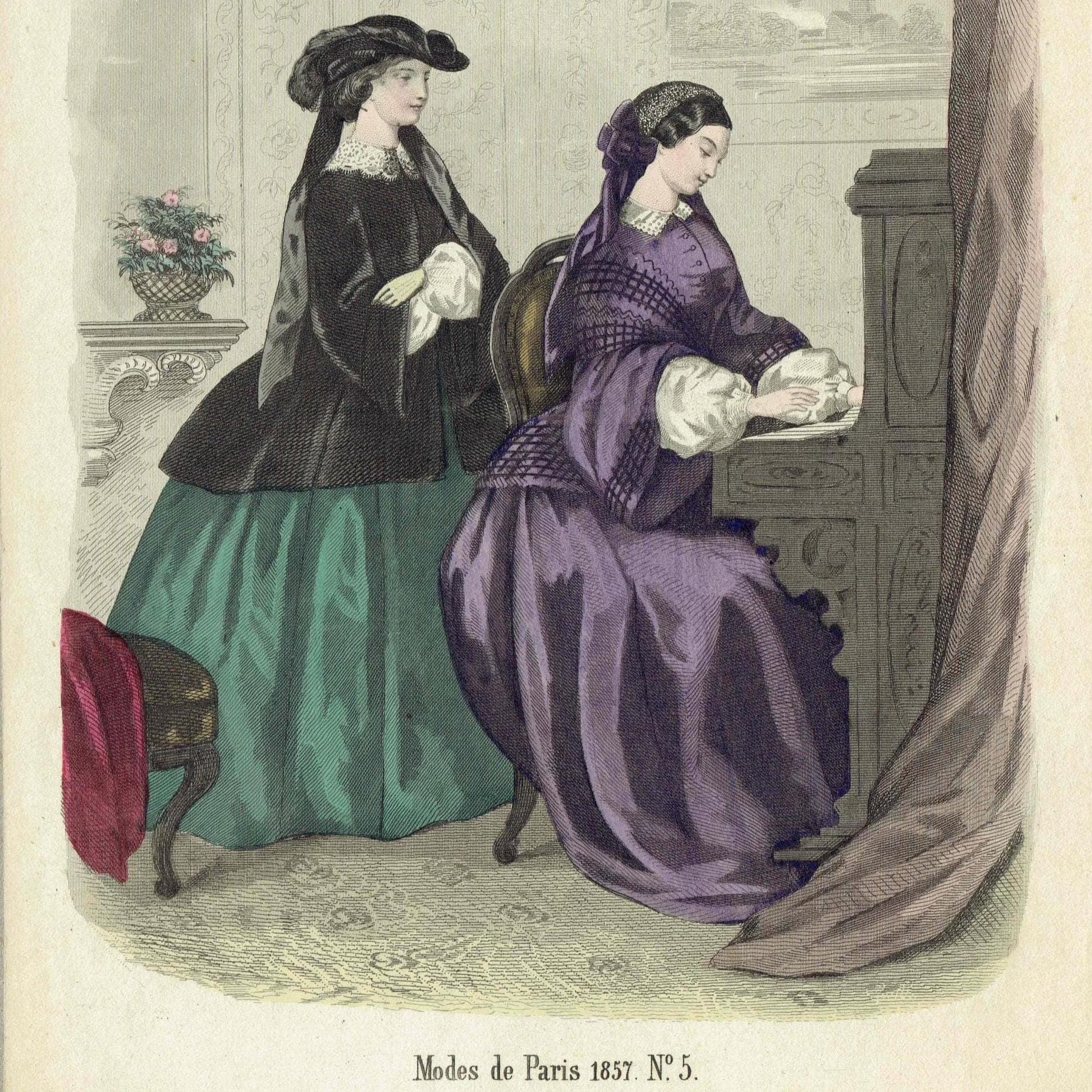 1857 Modes de Paris No.5 Print - Paris Fashion Plate - Hand Coloured Women Reading Interior Scene - 9.75 x 6.75 in - Image 1