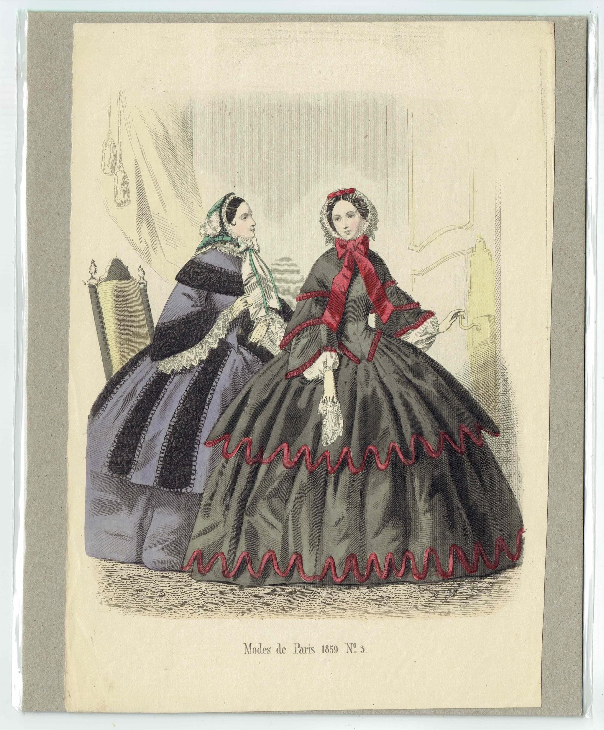 1859 Modes de Paris No.3 Print - Hand Coloured Fashion Plate - Victorian Dresses Paris Couture - 9.5 x 6.5 in - Image 2