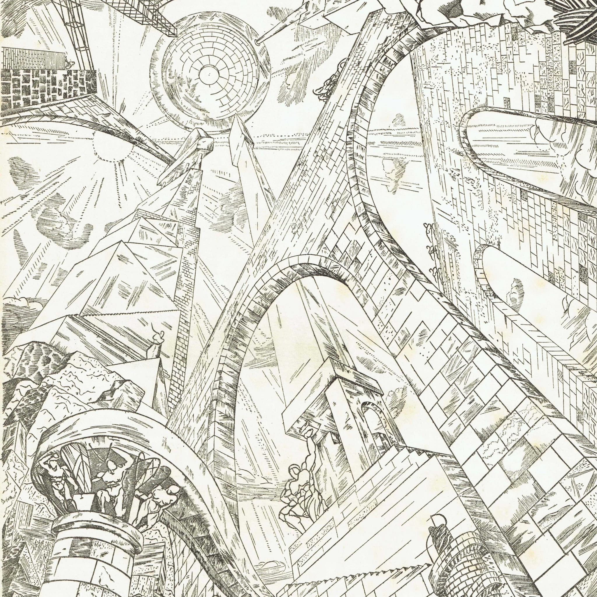 1947 Surreal Architecture Fantasy - Original Vintage Engraving By Vieillard - Soleils Paris Avant-Garde Folio French Art - 10 x 14 in