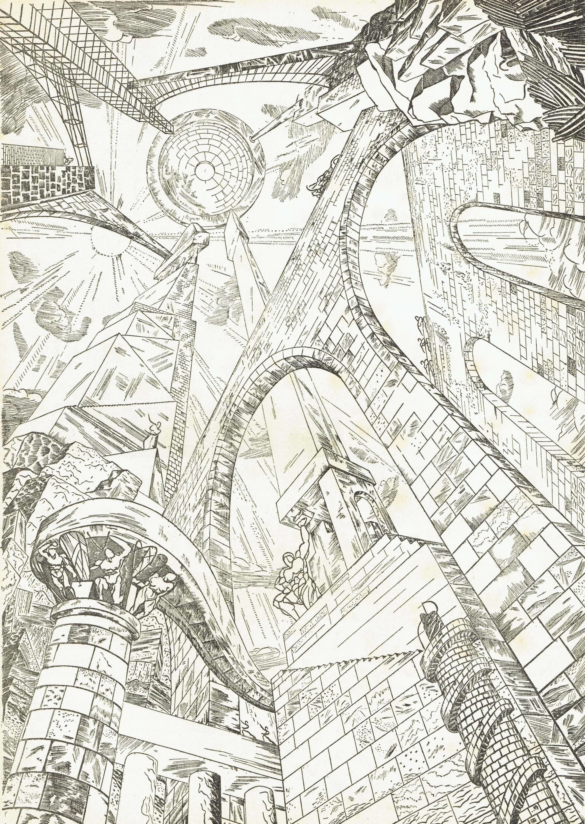 1947 Surreal Architecture Fantasy - Original Vintage Engraving By Vieillard - Soleils Paris Avant-Garde Folio French Art - 10 x 14 in - Image 2