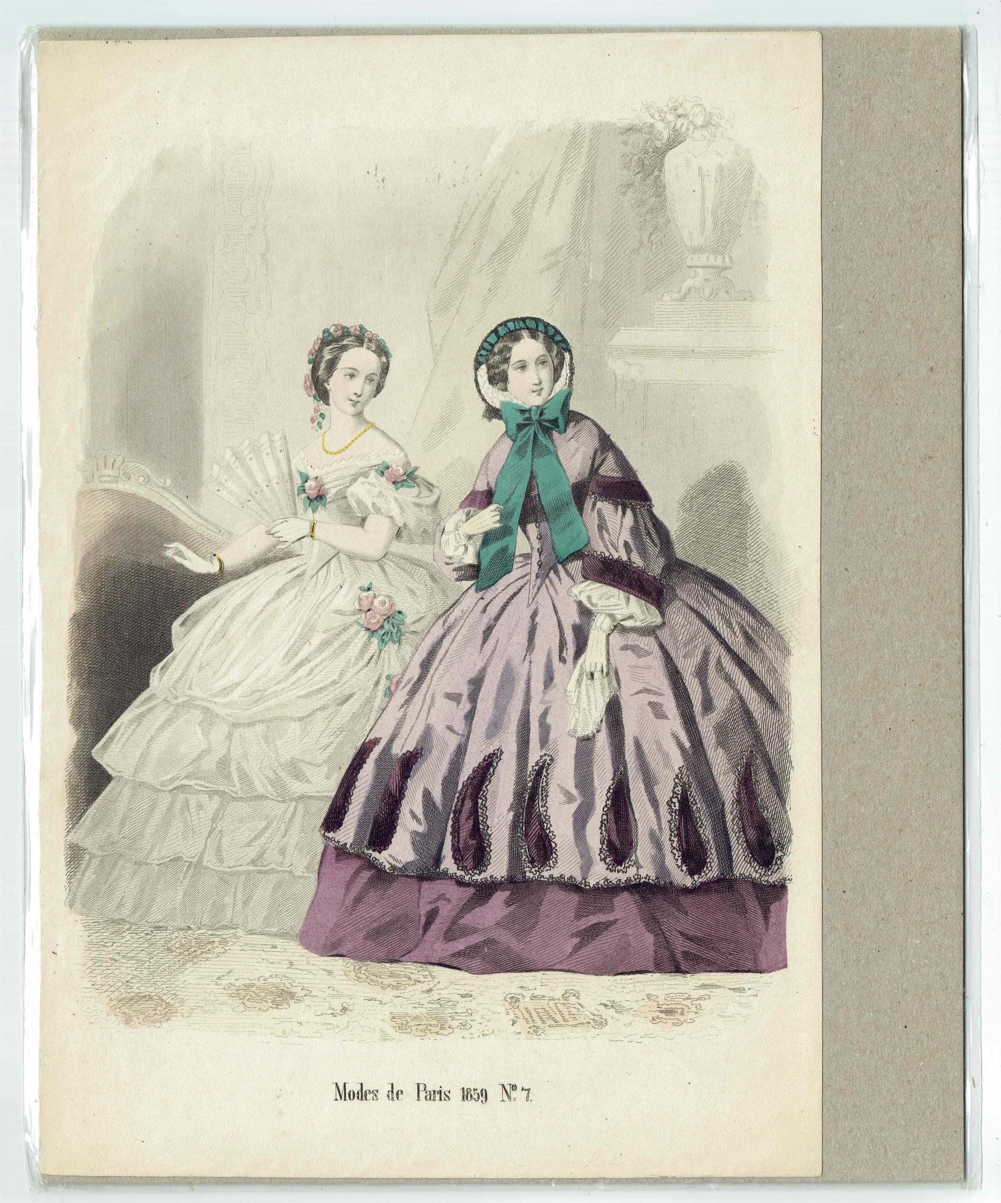 1859 Modes de Paris No.7 Print - Two Elegant Ladies in Parisian Gowns - Hand Coloured Fashion Illustration - 9.75 x 6.75 in - Image 2