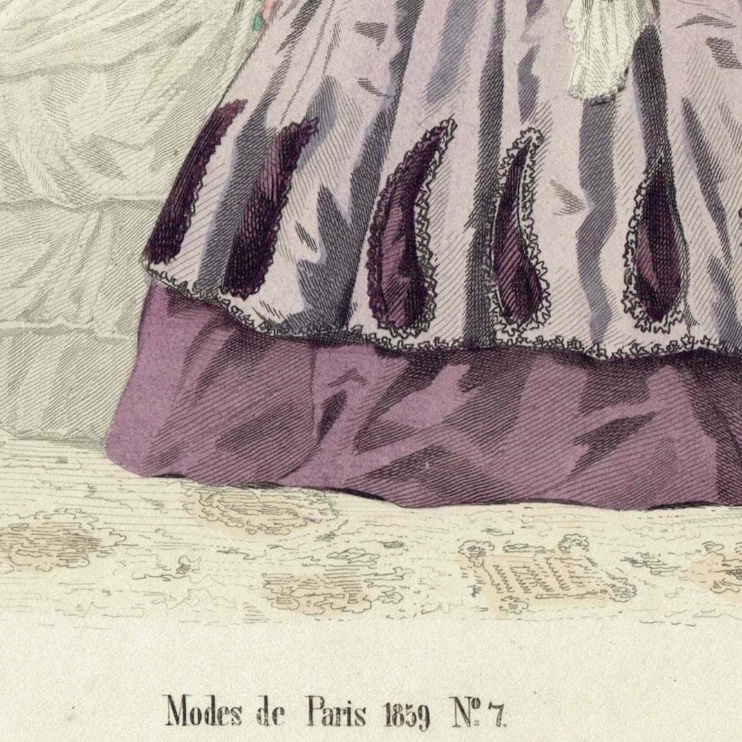 1859 Modes de Paris No.7 Print - Two Elegant Ladies in Parisian Gowns - Hand Coloured Fashion Illustration - 9.75 x 6.75 in - Image 3