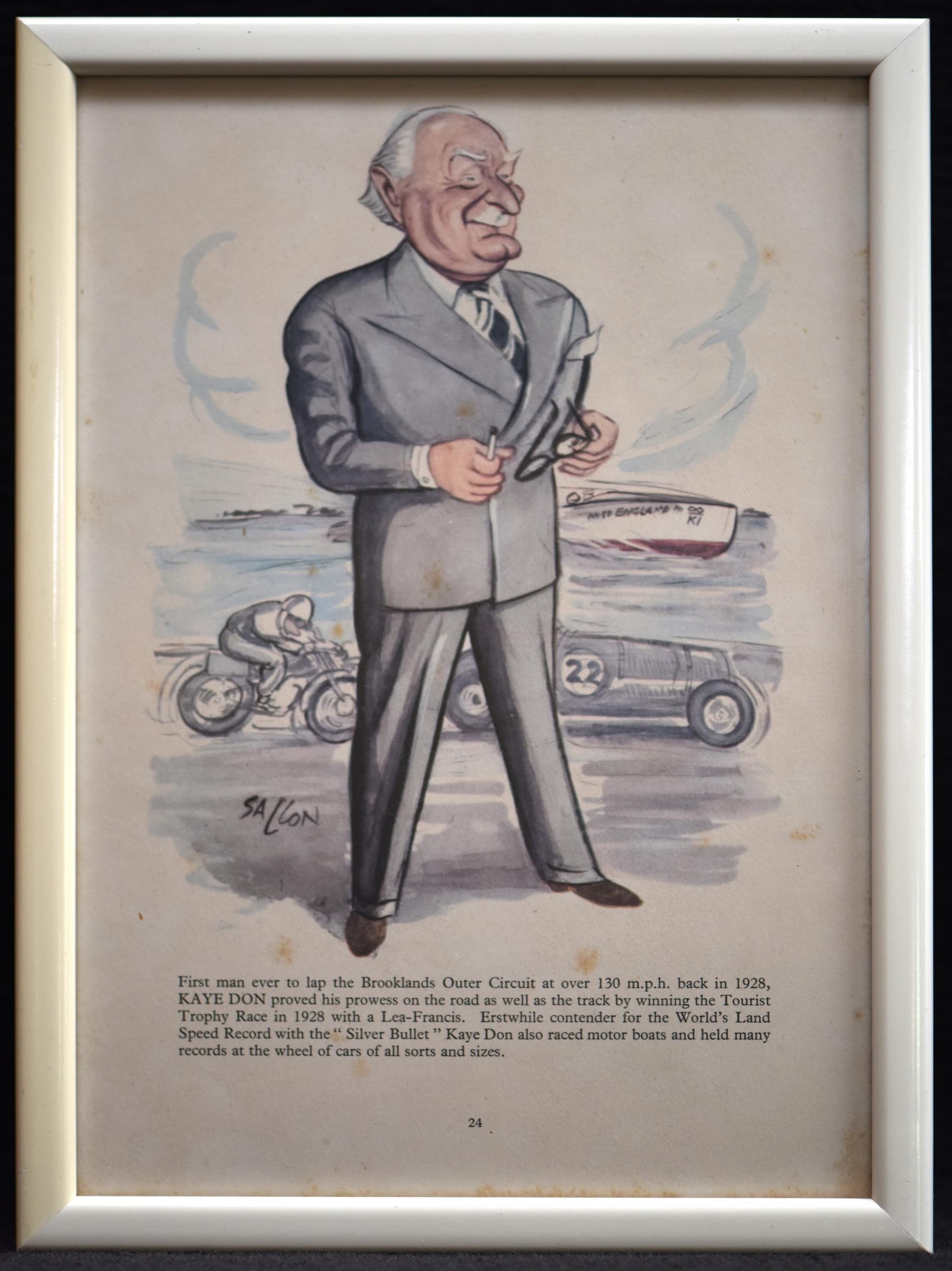 1956 Kaye Don Motorsport Caricature by Sallon Print - Racing Driver Miss England Motorboat - Brooklands Circuit Record Holder - 11 x 7.75 in - Image 2