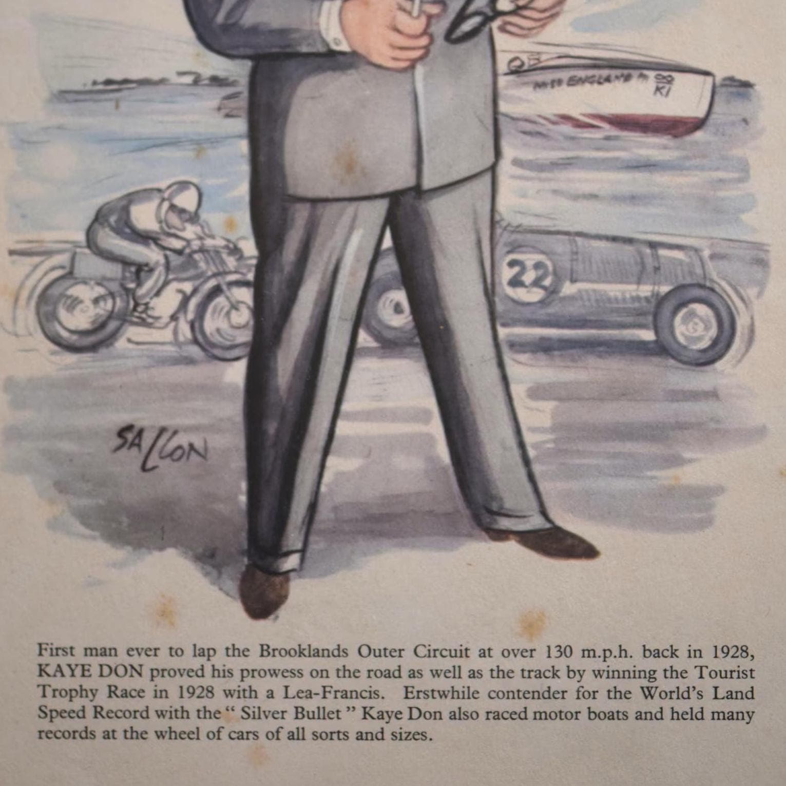 1956 Kaye Don Motorsport Caricature by Sallon Print - Racing Driver Miss England Motorboat - Brooklands Circuit Record Holder - 11 x 7.75 in - Image 3
