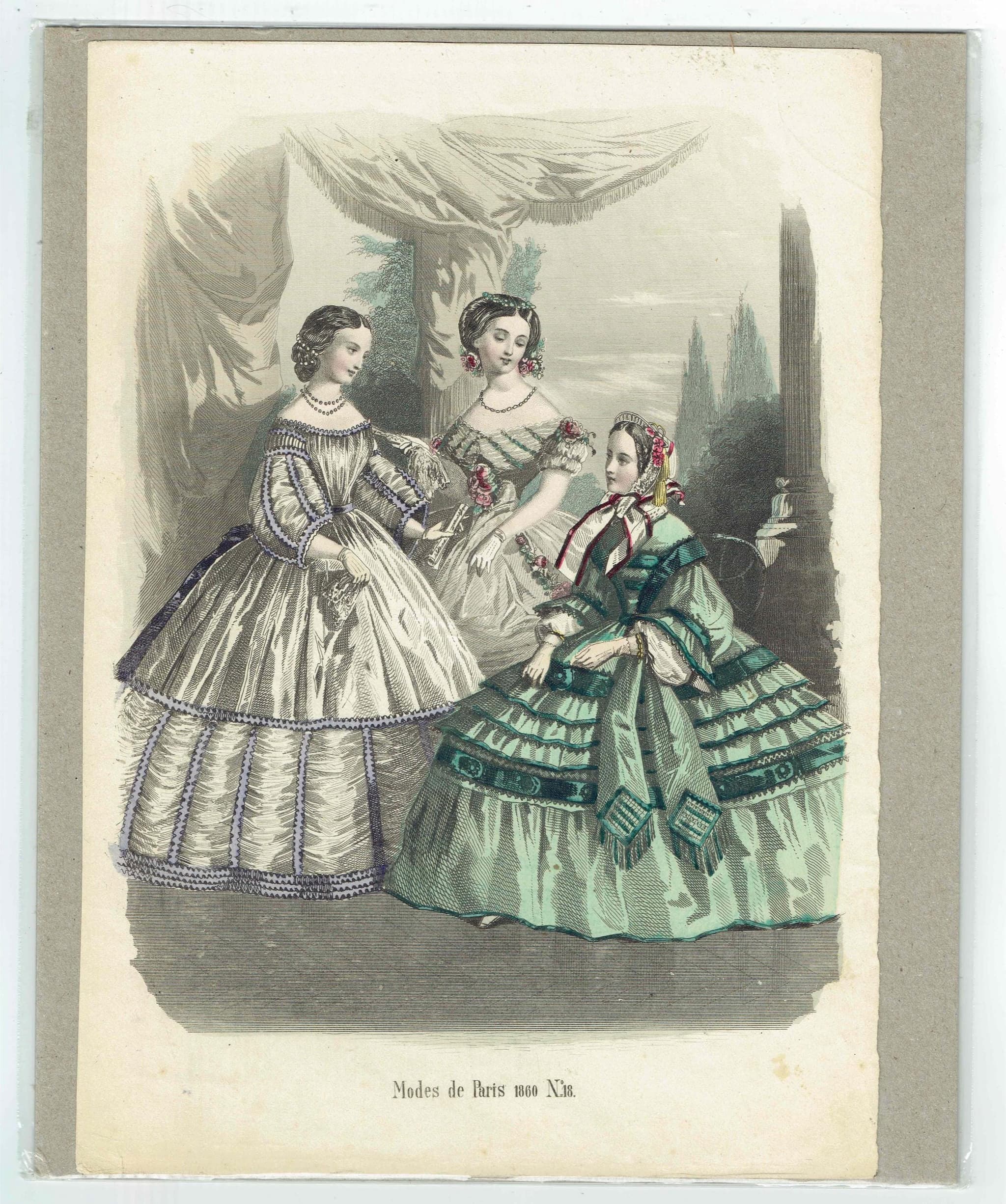 1860 Modes de Paris No.18 Print - Three Elegant Women French Fashion Plate - Hand-Coloured Victorian Dresses - 9.5 x 6.5 in - Image 2