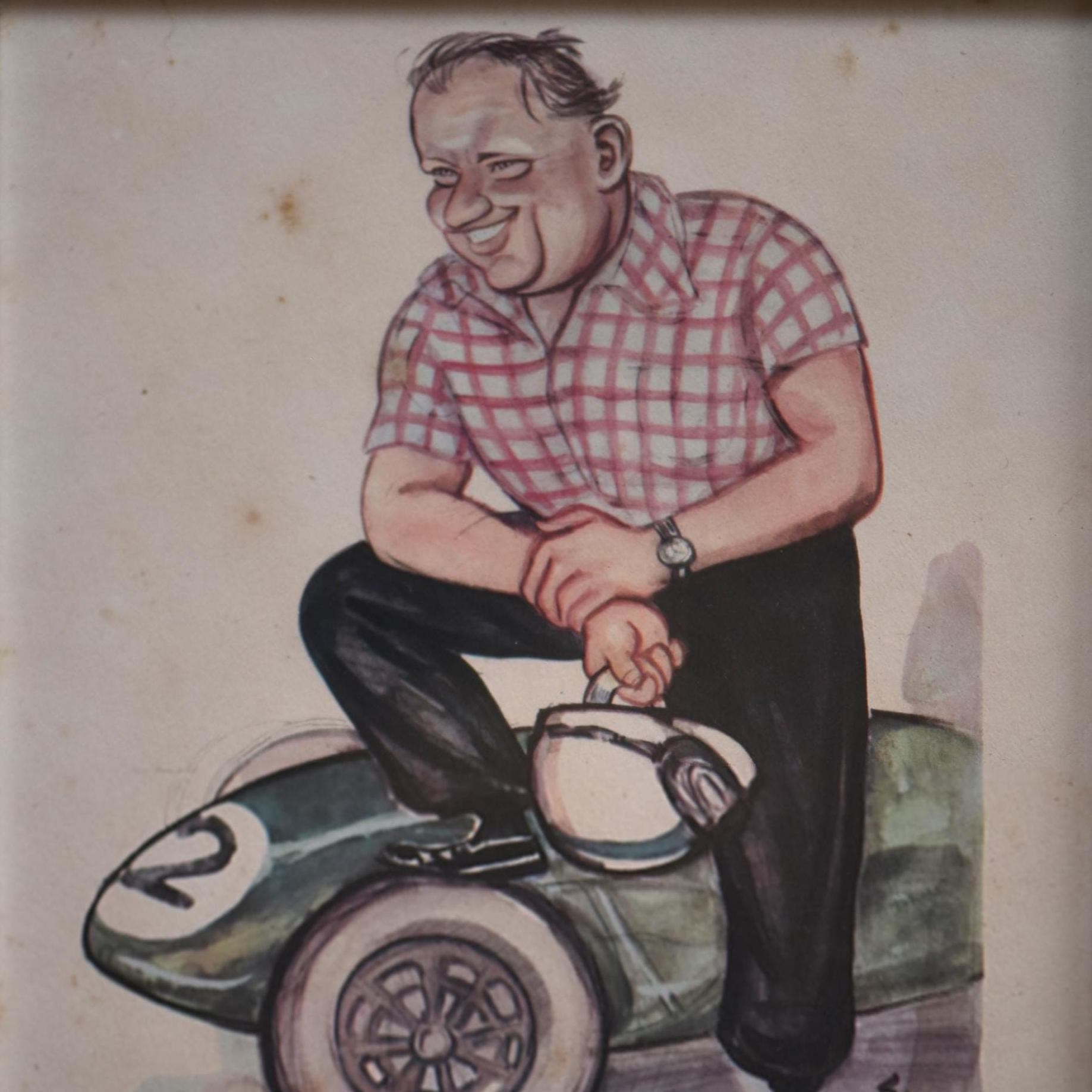 1956 Ivor Bueb Racing Driver Caricature by Sallon Print - Motor Racing Sports Memorabilia - Le Mans Winner - 11 x 7.75 in - Image 1