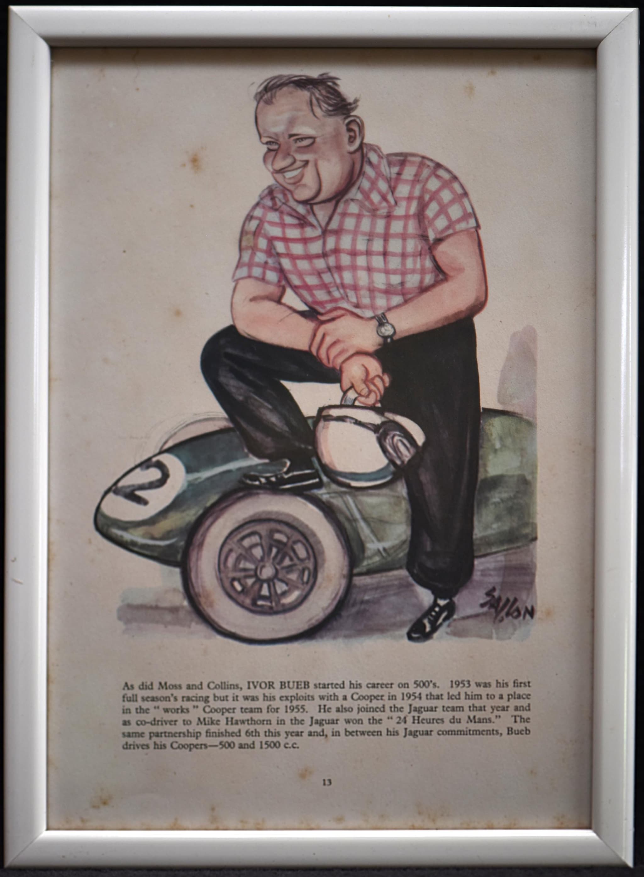 1956 Ivor Bueb Racing Driver Caricature by Sallon Print - Motor Racing Sports Memorabilia - Le Mans Winner - 11 x 7.75 in - Image 2