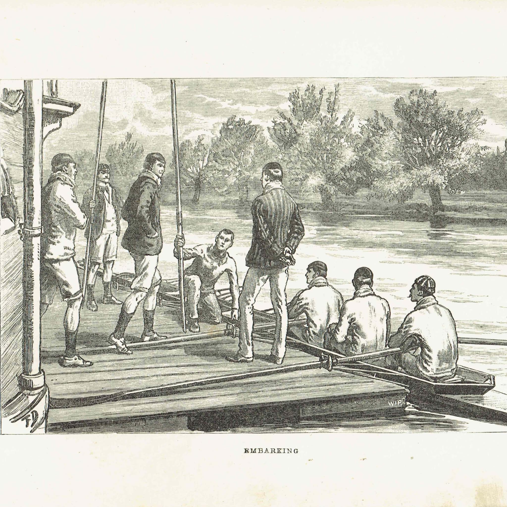 1891 Embarking - Original Antique Engraving By Dadd - Victorian Rowing Crew River Boating Sport Badminton Library - 7 x 4.75 in