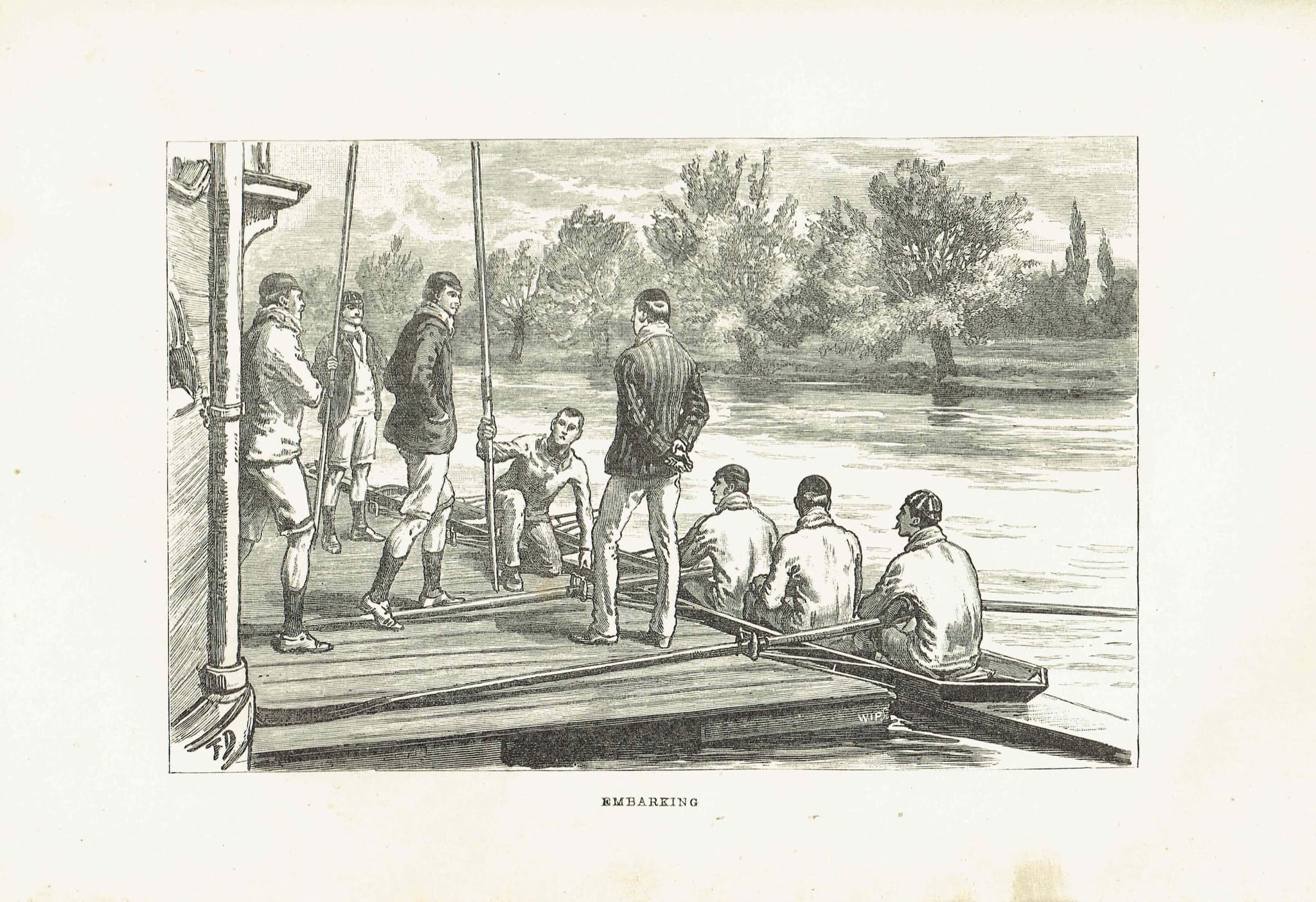 1891 Embarking - Original Antique Engraving By Dadd - Victorian Rowing Crew River Boating Sport Badminton Library - 7 x 4.75 in - Image 2