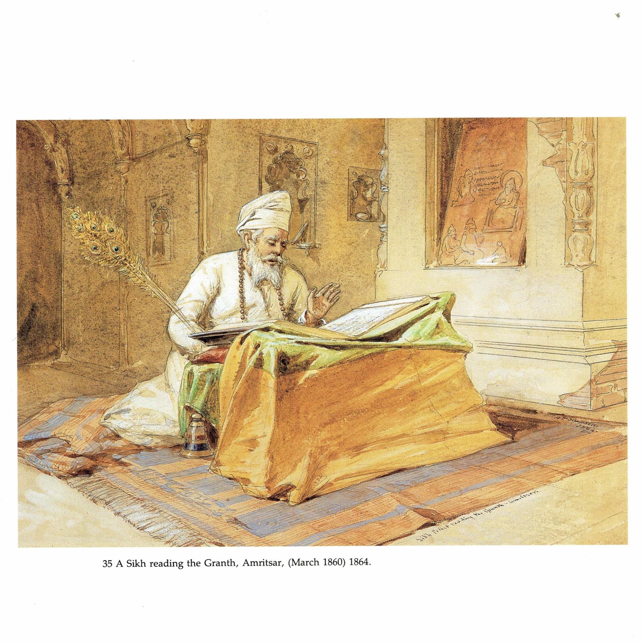 1860 Sikh Reading Granth Amritsar - Original Vintage Print By Simpson - Indian Religious Portrait Historical Study - 9.25 x 8.5 in - Image 2