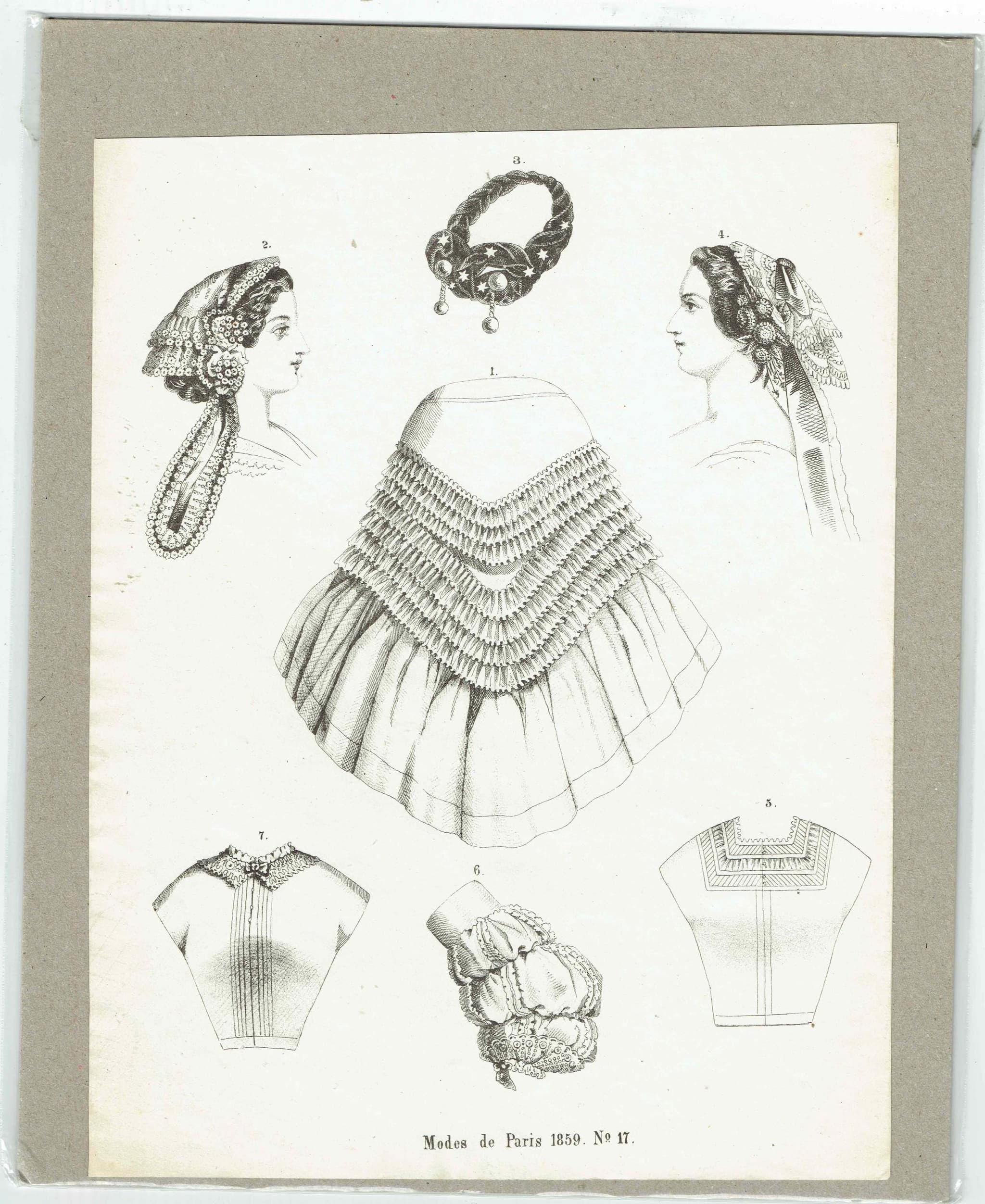 1859 Modes de Paris Fashion No.17 Print - Headpieces & Mantle Design - Victorian Costume Illustration - 9.5 x 6.5 in - Image 2