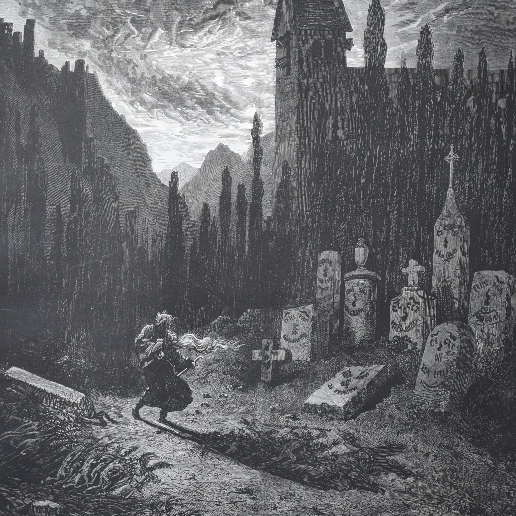 1866 Gustave Doré Legend Of The Wandering Jew Graveyard Plate 6 - Original Antique Engraving - Gothic Horror Medieval Religious - 14 x 20 in - Image 2