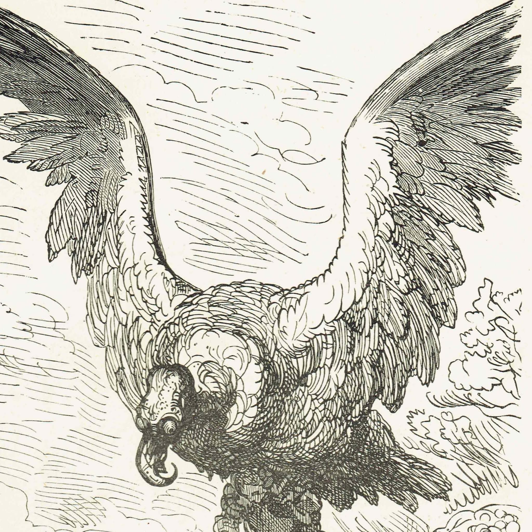 1867 Giant Eagle Rescue - Original Antique Print By Doré - Baron Munchausen Fantasy Adventure Literary Illustration - 6 x 9 in - Image 4