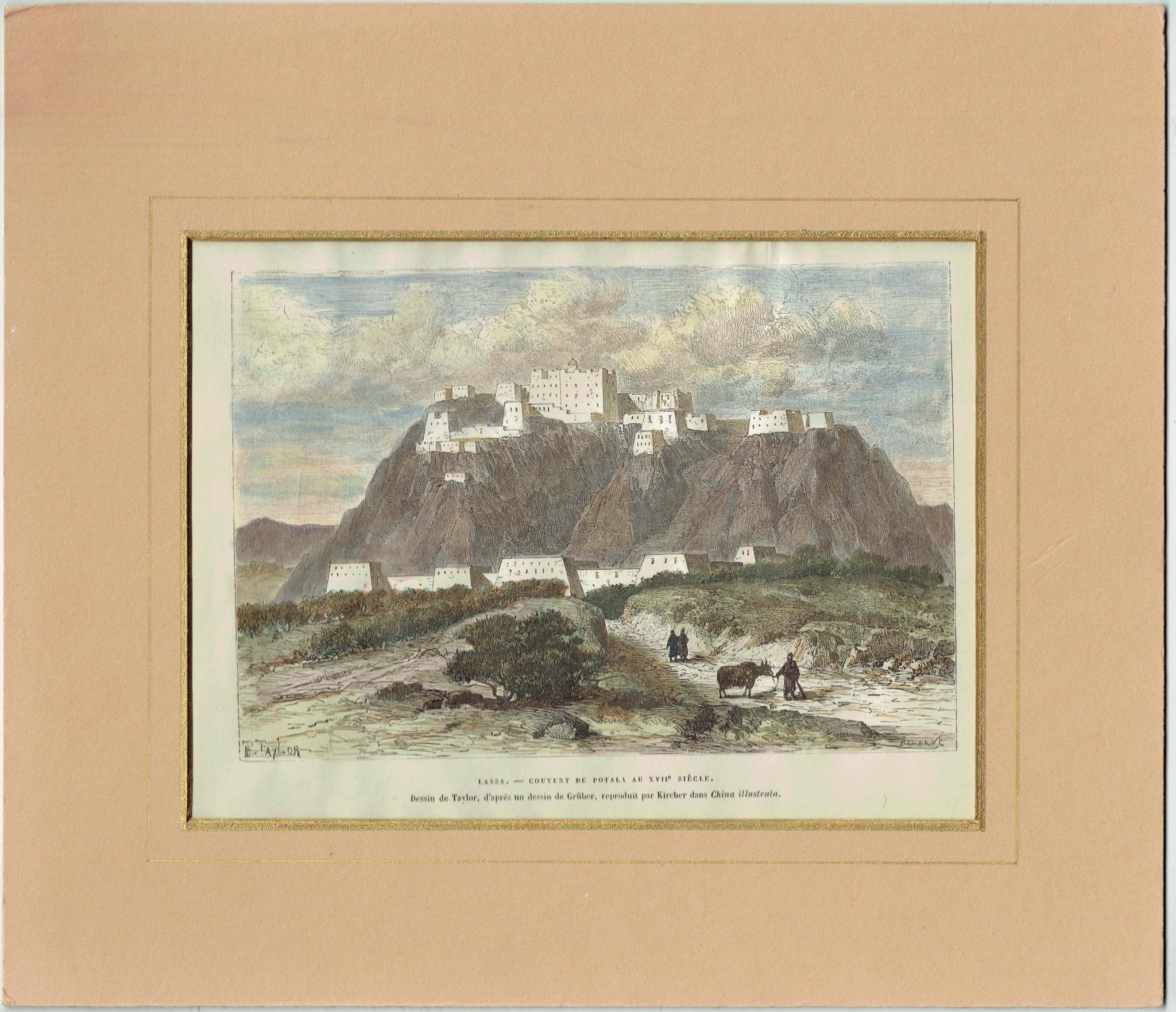 18th Century Lassa Couvent de Potala Print – Tibetan Monastery Architecture – Hand-Coloured Mountain View – 7 x 10.5 in