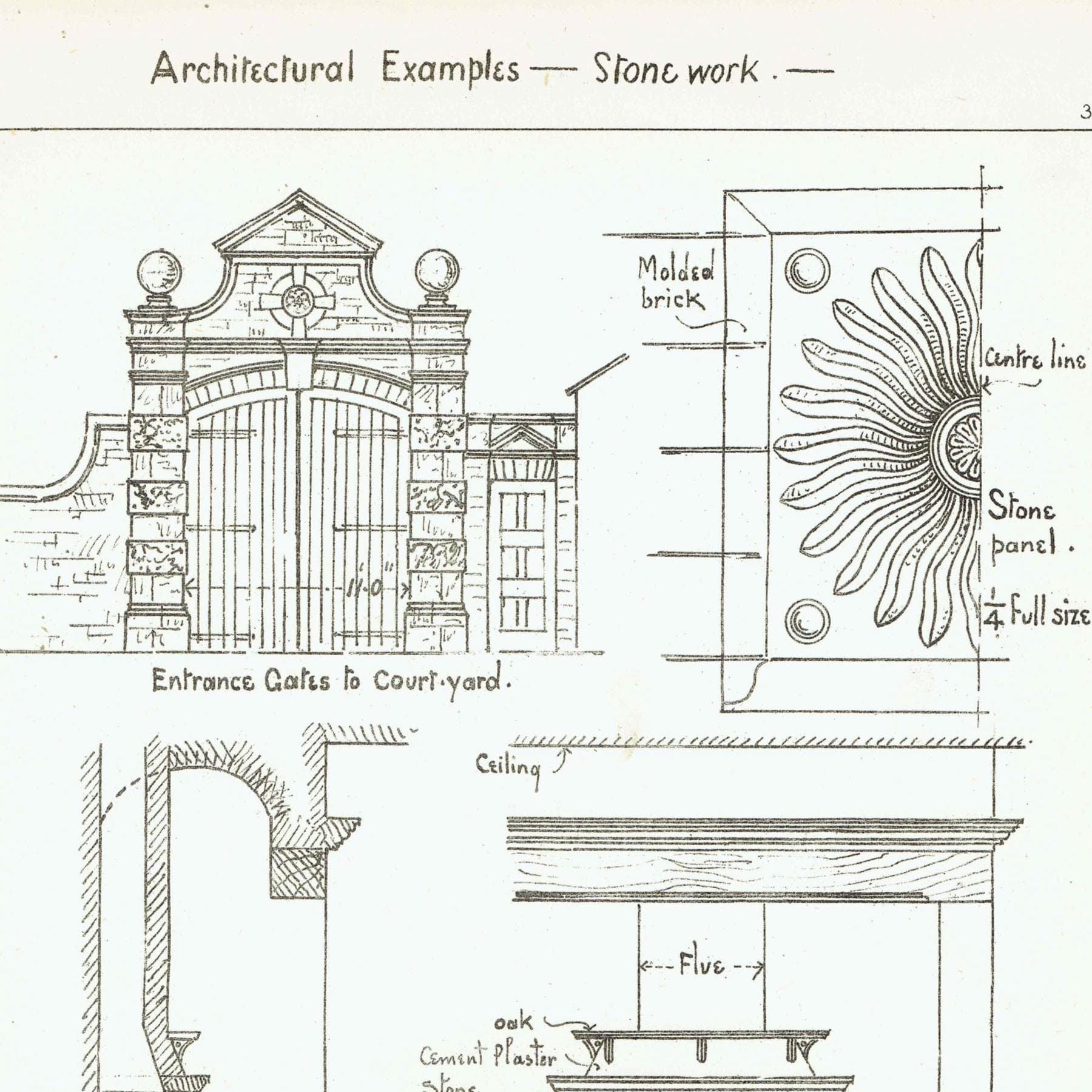 1898 Stonework Architectural Print - Entrance Gates to Court Yard Fireplace - W Fullerton - Building Illustration - 8 x 10.75 in
