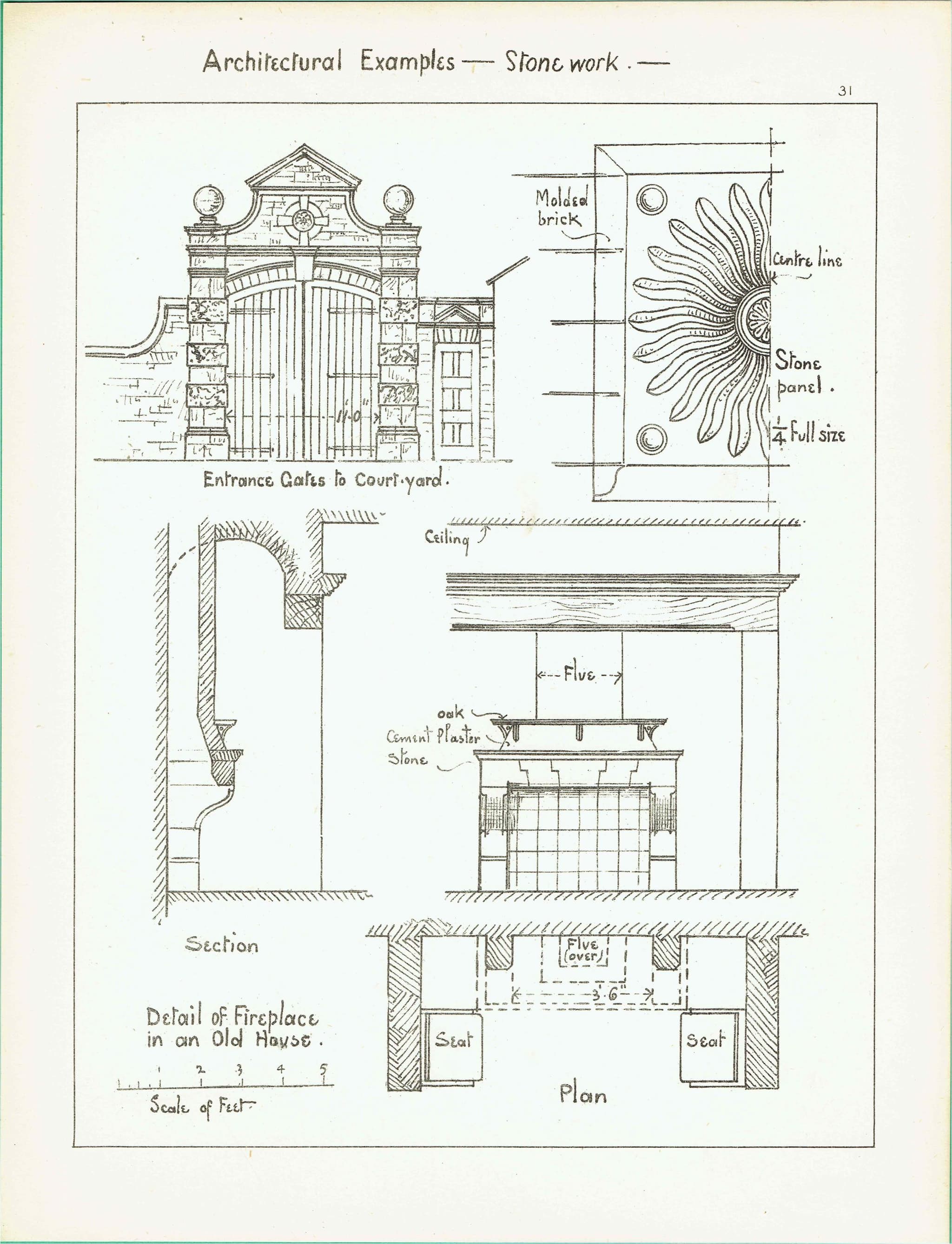 1898 Stonework Architectural Print - Entrance Gates to Court Yard Fireplace - W Fullerton - Building Illustration - 8 x 10.75 in - Image 2