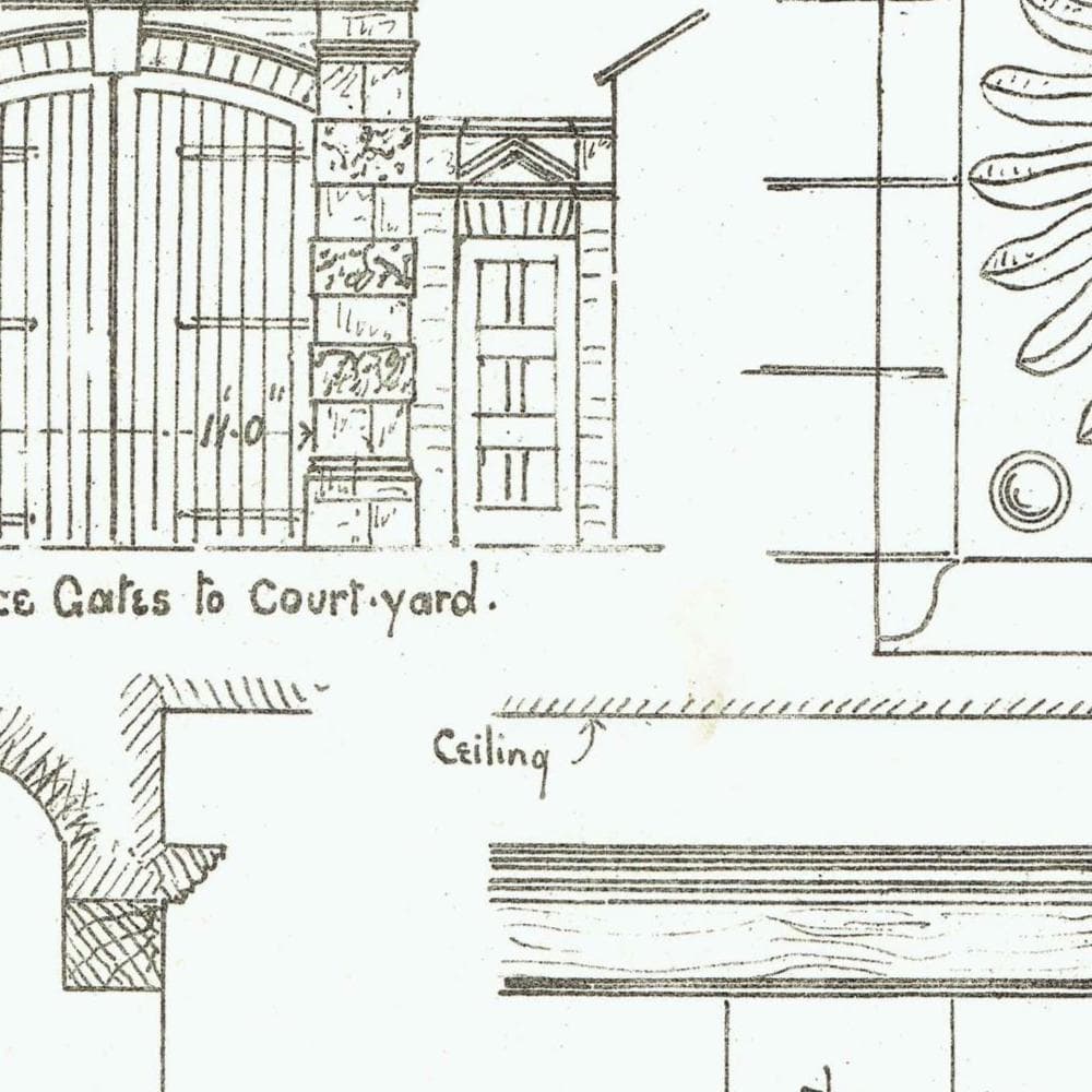 1898 Stonework Architectural Print - Entrance Gates to Court Yard Fireplace - W Fullerton - Building Illustration - 8 x 10.75 in - Image 3