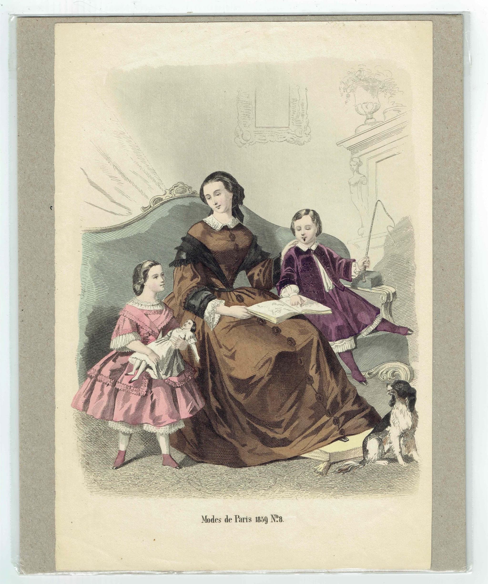 1859 Modes de Paris No.8 Print - Paris Fashion Plate - Victorian Costume Art with Mother & Children - 9.75 x 6.75 in - Image 2