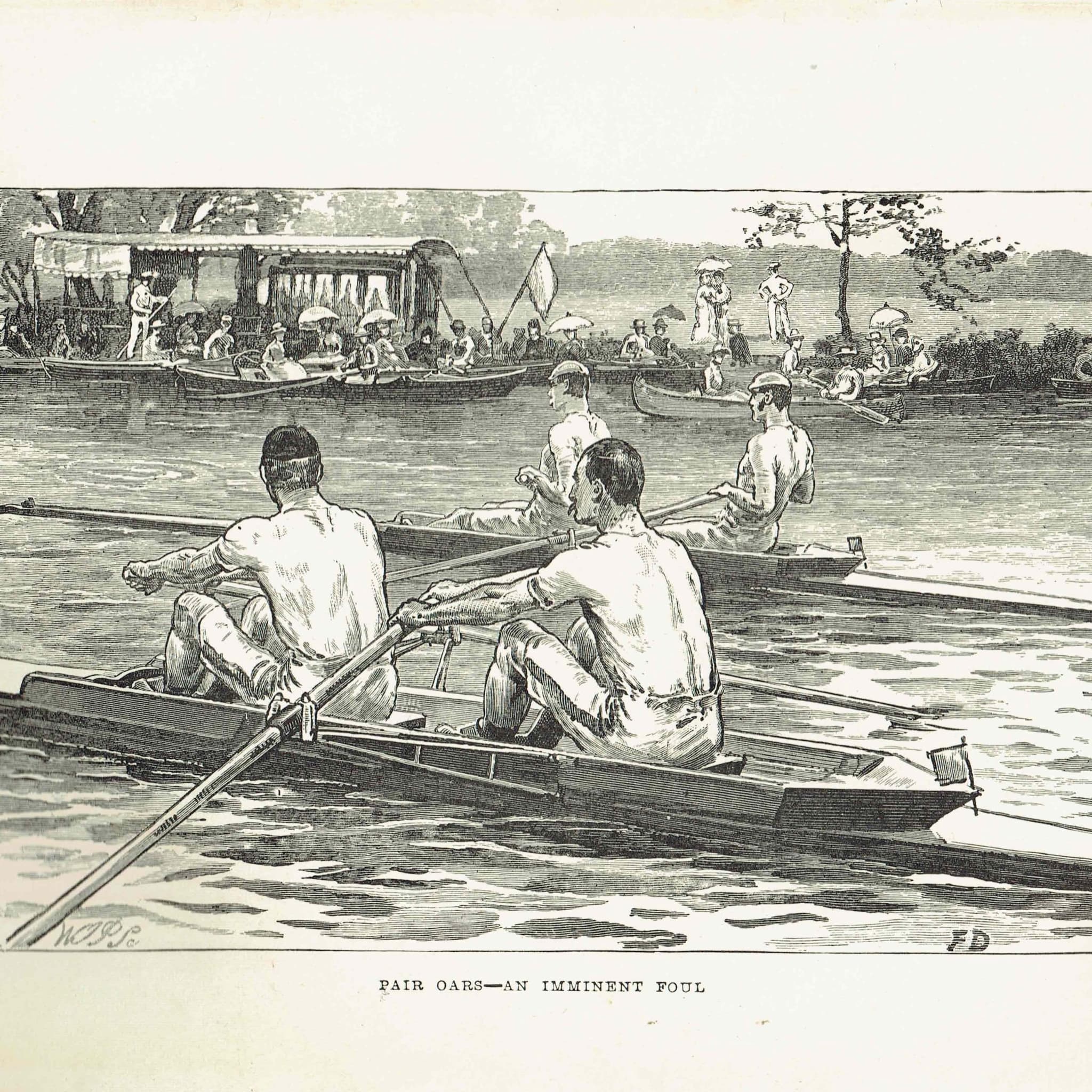 1890 Pair Oars An Imminent Foul - Original Antique Engraving By Dadd - Victorian Rowing Race River Sport Badminton Library - 7 x 4.75 in