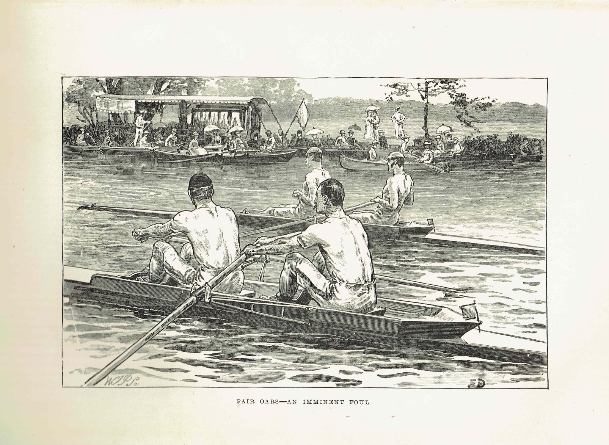 1890 Pair Oars An Imminent Foul - Original Antique Engraving By Dadd - Victorian Rowing Race River Sport Badminton Library - 7 x 4.75 in - Image 2