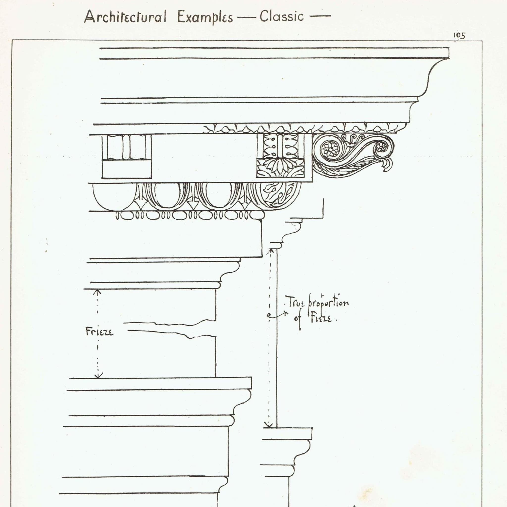 1898 Classic Architectural Frieze Print - Corinthian Entablature, Decorative Mouldings & Ornament - Antique Plate - 8 x 10.75 in - Image 2