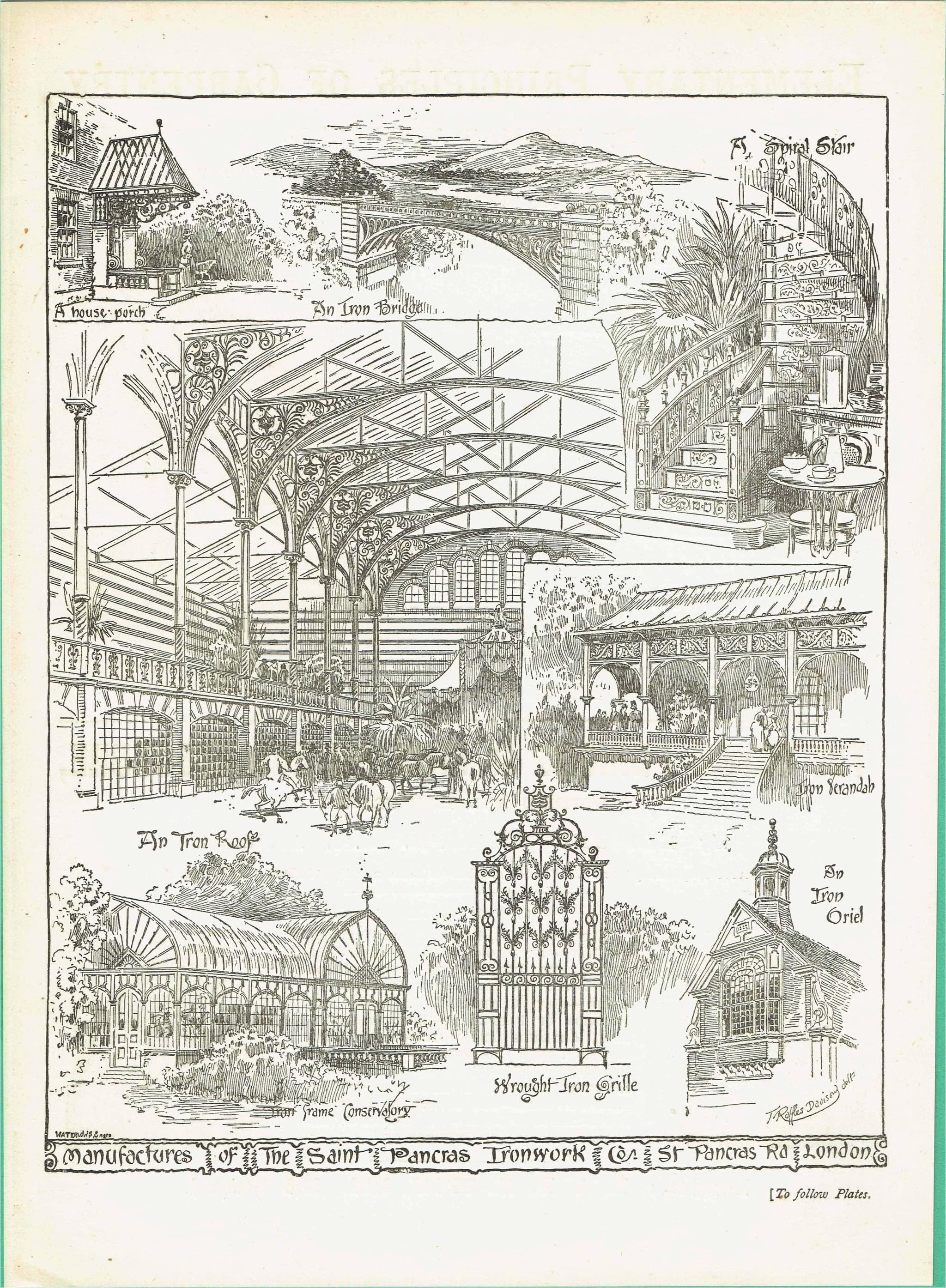 1898 Architectural Ironwork Print - St Pancras Ironwork Co Designs, Bridges, Roofs & Spiral Stair - Antique Plate - 8 x 10.75 in - Image 1