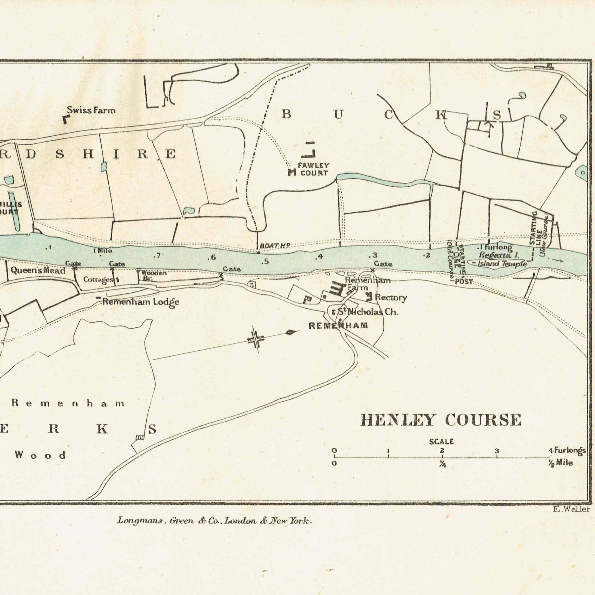 1891 Henley Course - Original Antique Engraving By Weller - Henley Regatta Thames River Map Rowing Oxfordshire - 7 x 4.75 in