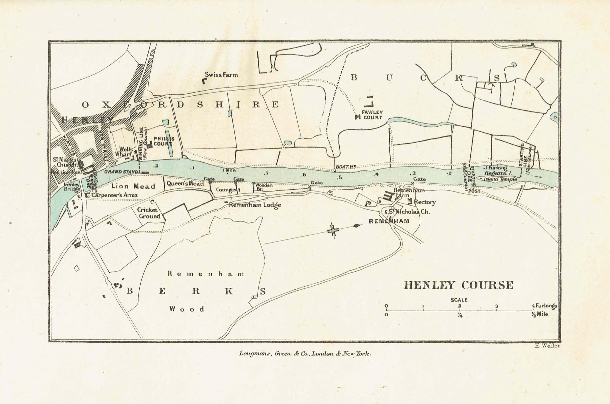 1891 Henley Course - Original Antique Engraving By Weller - Henley Regatta Thames River Map Rowing Oxfordshire - 7 x 4.75 in - Image 2