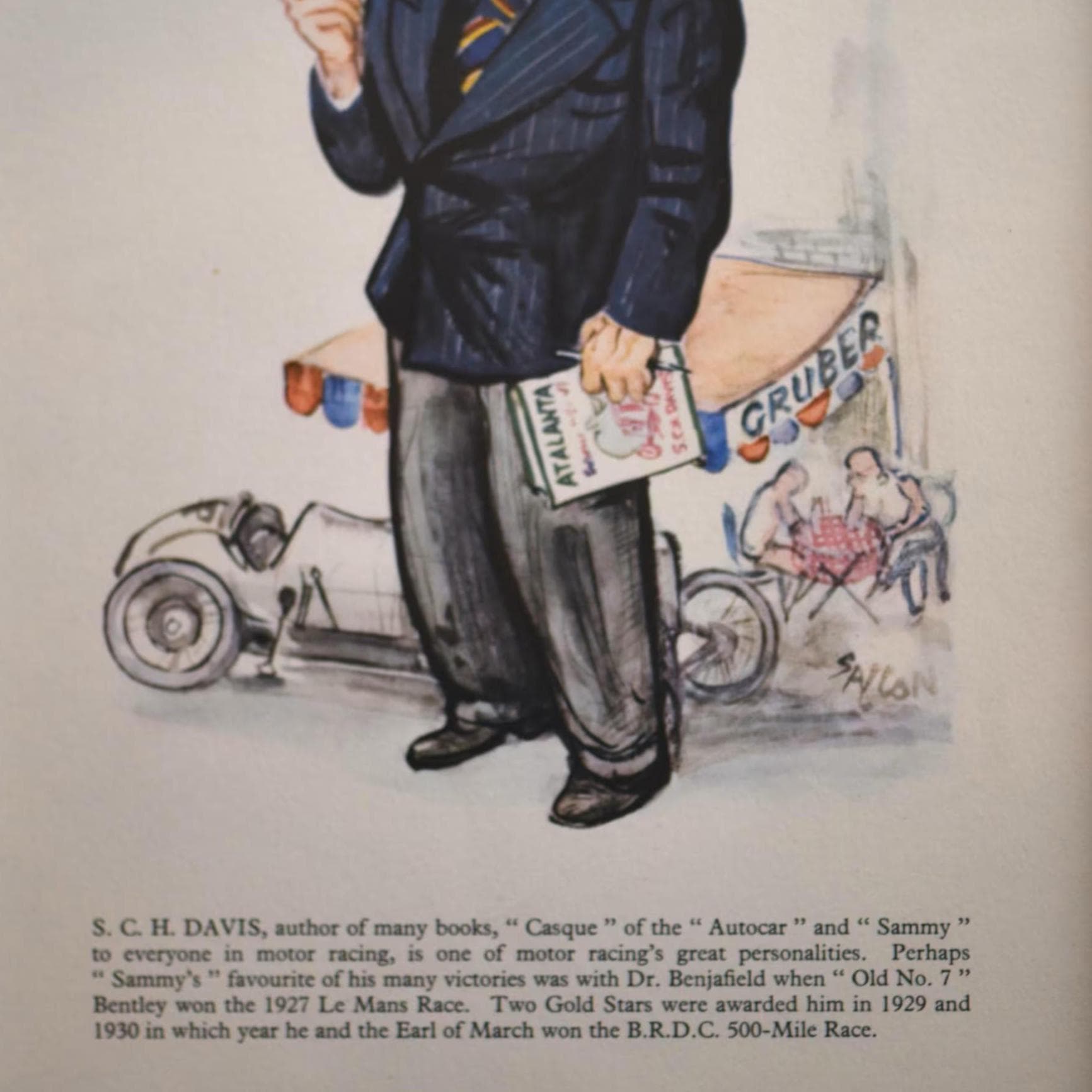 1956 S.C.H. Davis Racing Caricature by Sallon Print - Sammy Davis Autocar Journalist - Le Mans Bentley Winner - Sallon Art - 11 x 7.75 in - Image 3