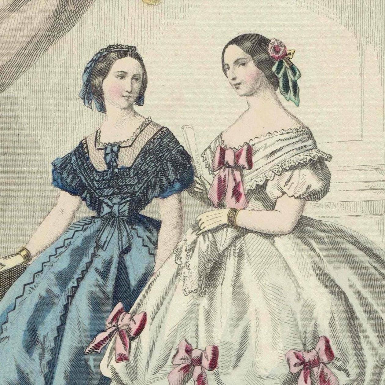 c.1859 Modes de Paris No. 2 Print - Victorian Fashion Ball Gowns - Hand-Coloured Costume Art - 9.75 x 6.75 in - Image 2