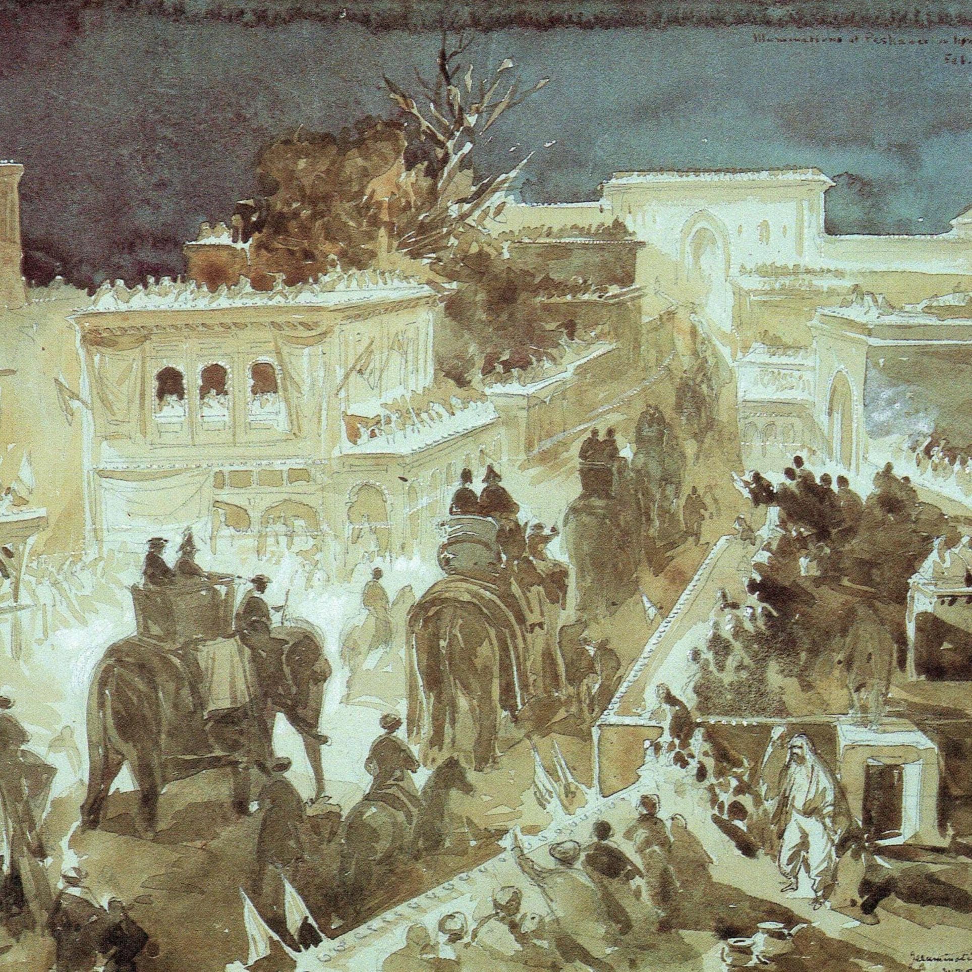 1860 Peshawar Illuminations - Original Vintage Print By Simpson - Colonial India Architecture Elephant Procession - 9.25 x 8.5 in - Image 1
