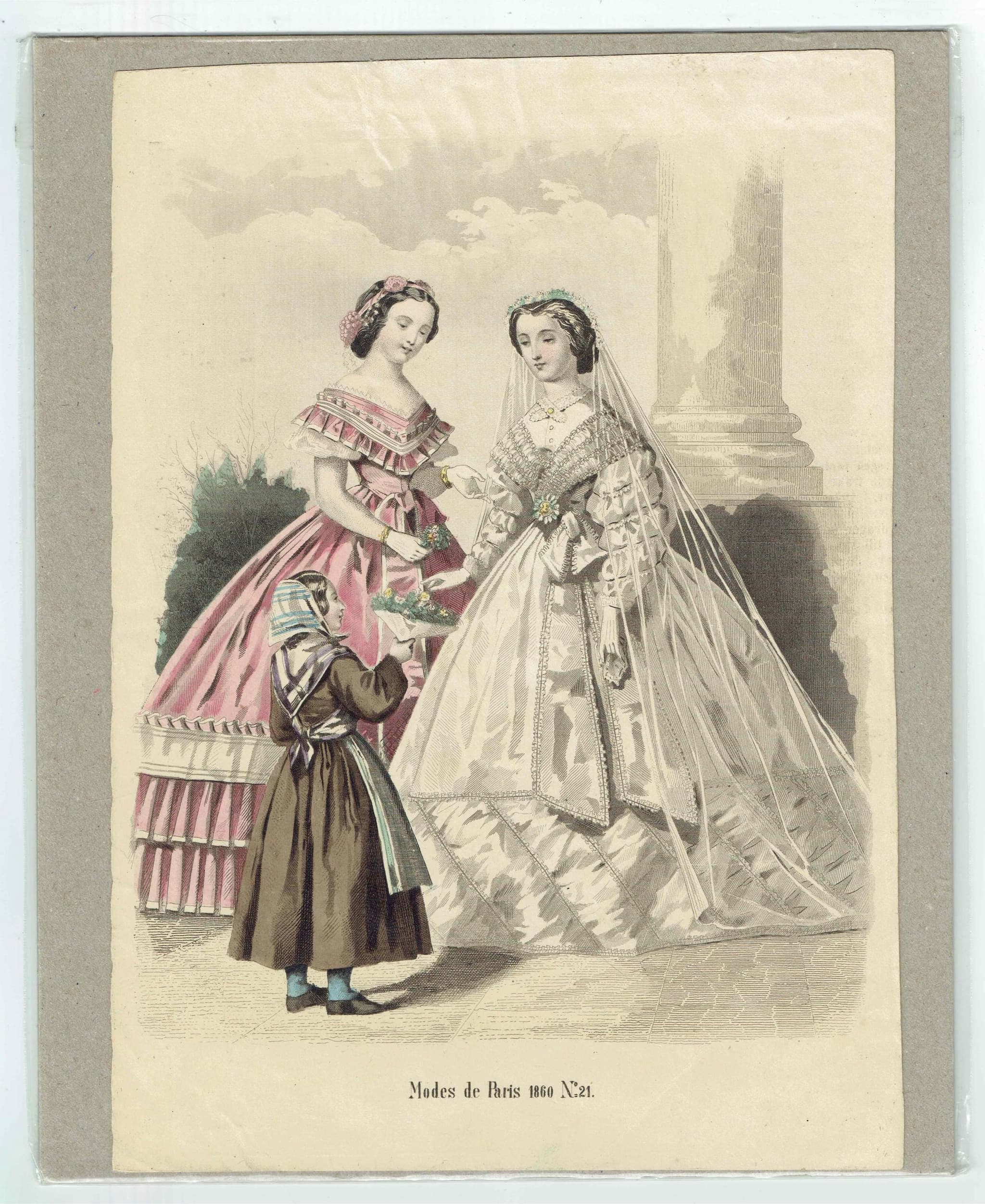 1860 Modes de Paris No.21 Fashion Print - Victorian Bridal & Evening Dress - Crinoline Era Hand-Coloured Lithograph - 9.5 x 6.5 in - Image 2