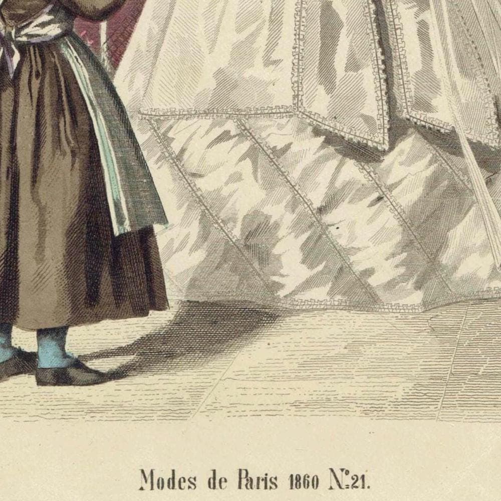 1860 Modes de Paris No.21 Fashion Print - Victorian Bridal & Evening Dress - Crinoline Era Hand-Coloured Lithograph - 9.5 x 6.5 in - Image 3