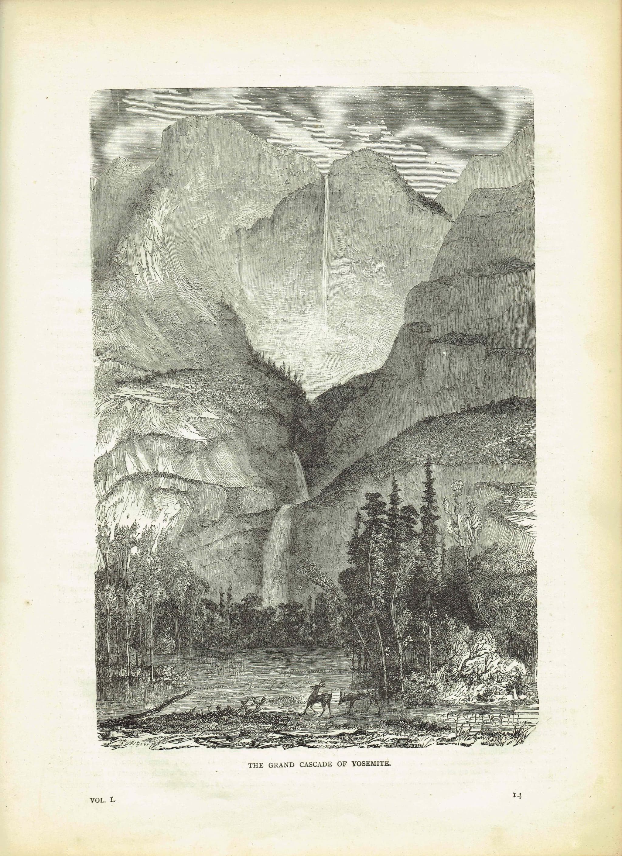1870s Yosemite Waterfall - Grand Cascade Mountain Landscape - Victorian Original Woodblock Print - 8.5 x 12 in - Image 2