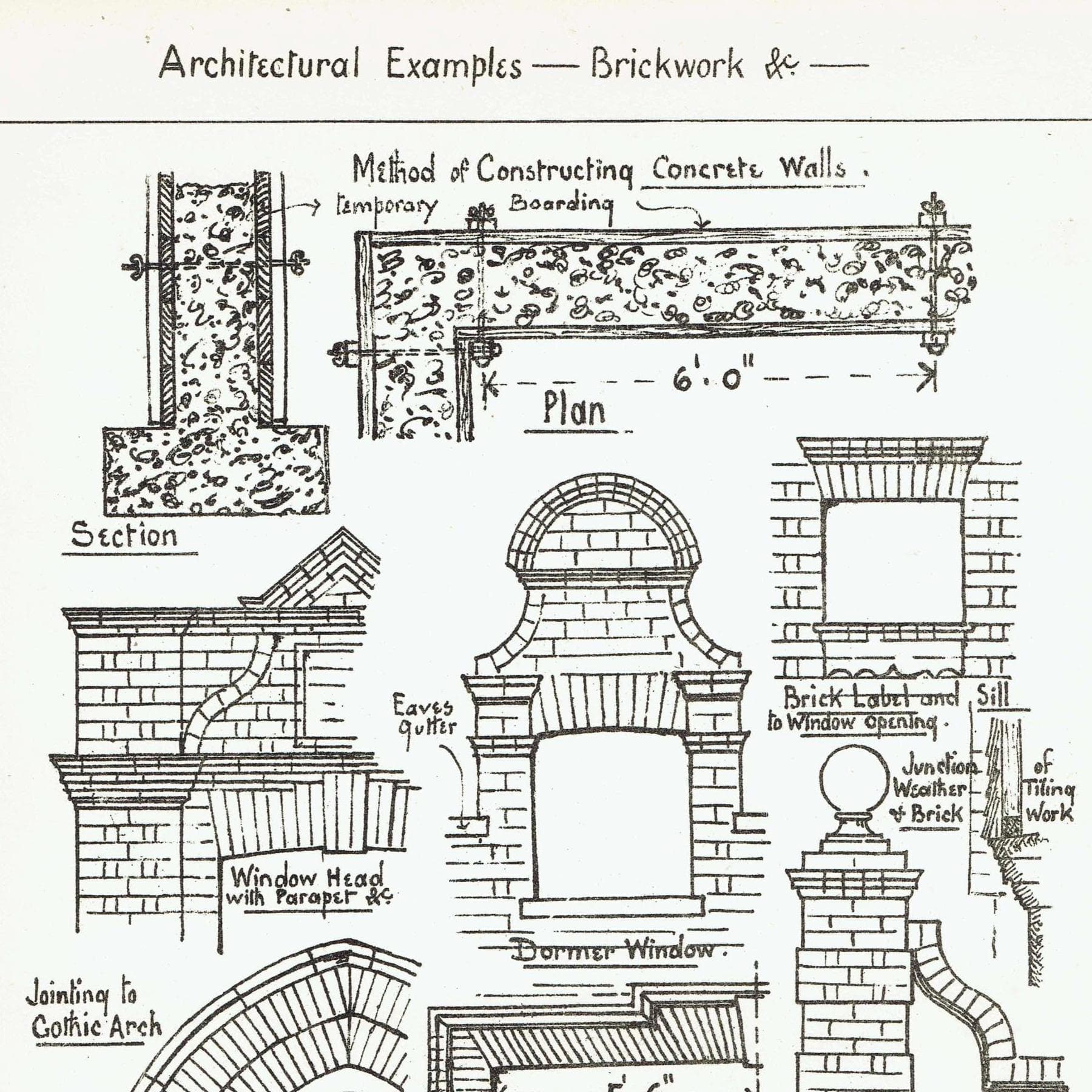 1898 Brickwork Concrete Wall, Dormer, Arch, Gate Pier Architectural Print - W Fullerton - Building Illustration - 8 x 10.75 in - Image 1