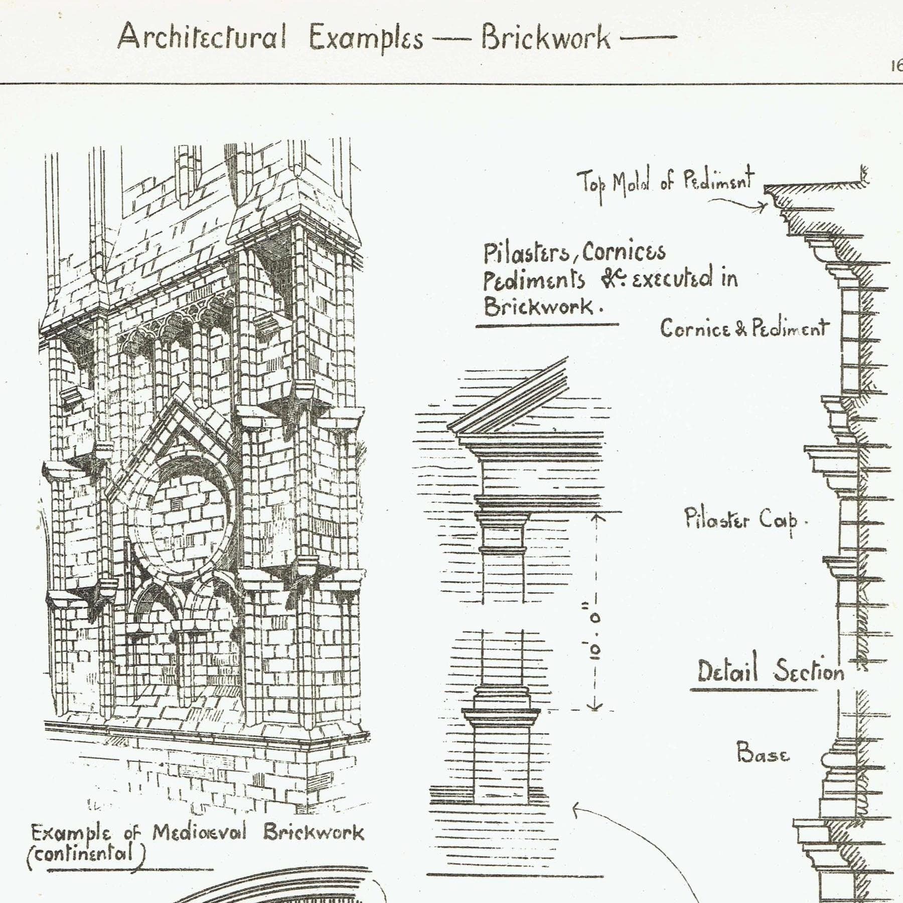 1898 Brickwork Architectural Print - Pilasters Cornices Pediments Medieval Continental - W Fullerton - Building Illustration - 8 x 10.75 in - Image 1