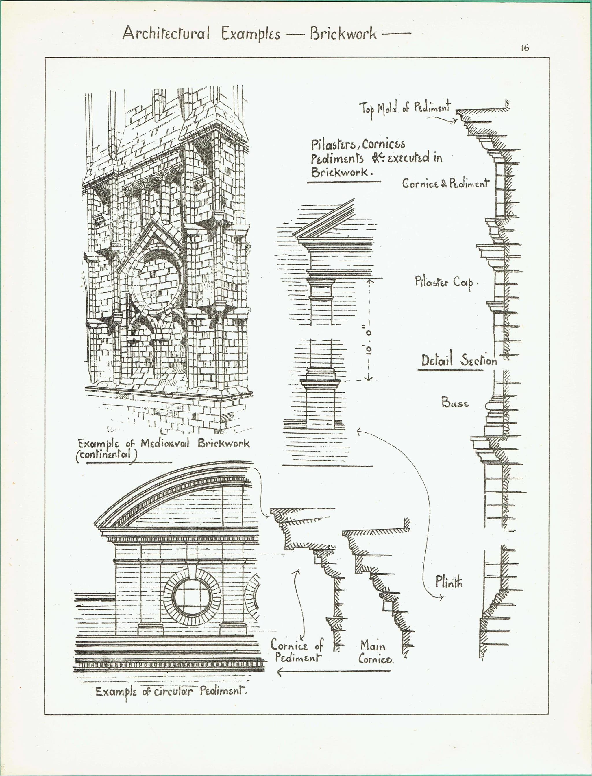 1898 Brickwork Architectural Print - Pilasters Cornices Pediments Medieval Continental - W Fullerton - Building Illustration - 8 x 10.75 in - Image 2