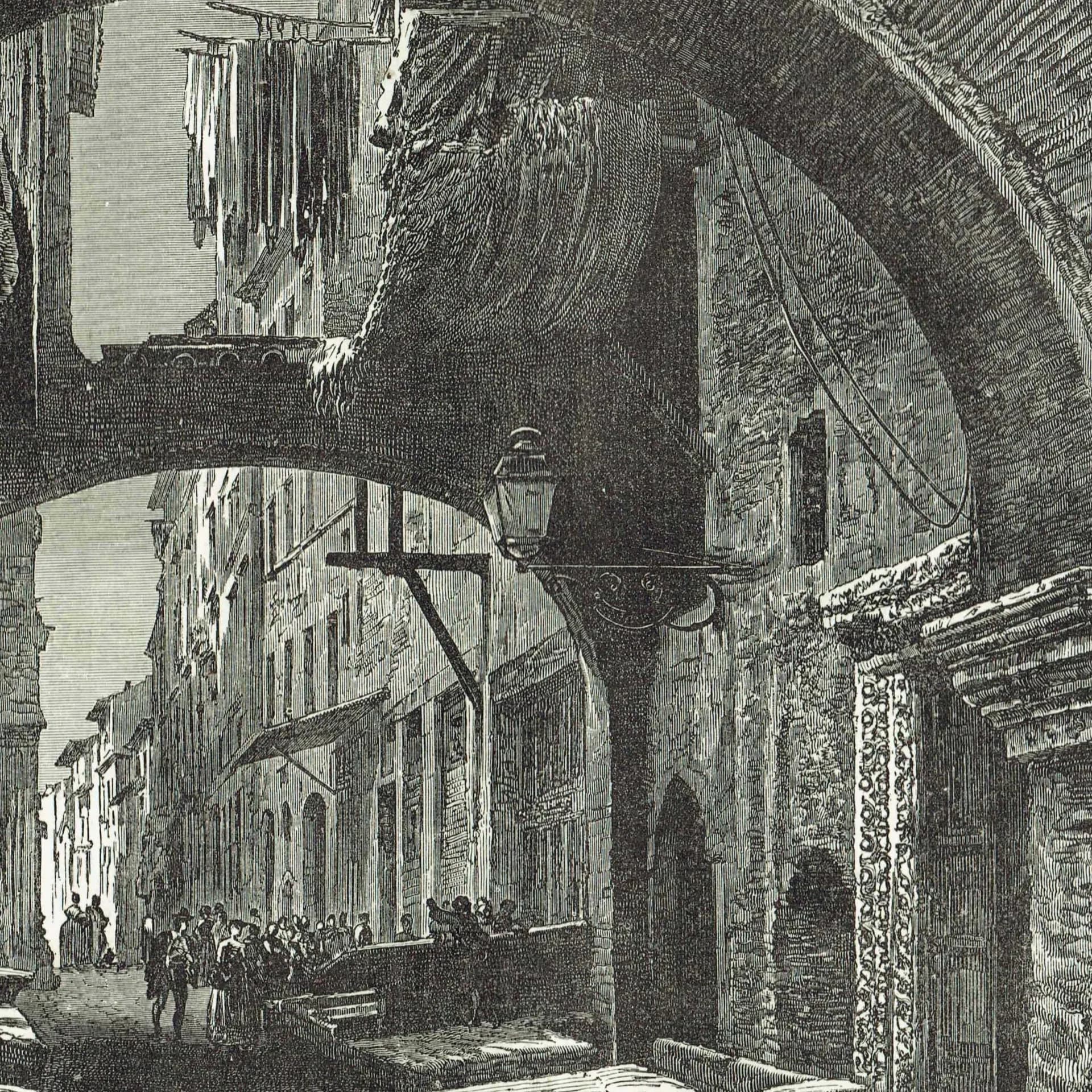 1875 Peschiera Vecchia Rome - Antique Engraving - Victorian Italy Street Scene Architecture Travel Print - 11.5 x 8 in