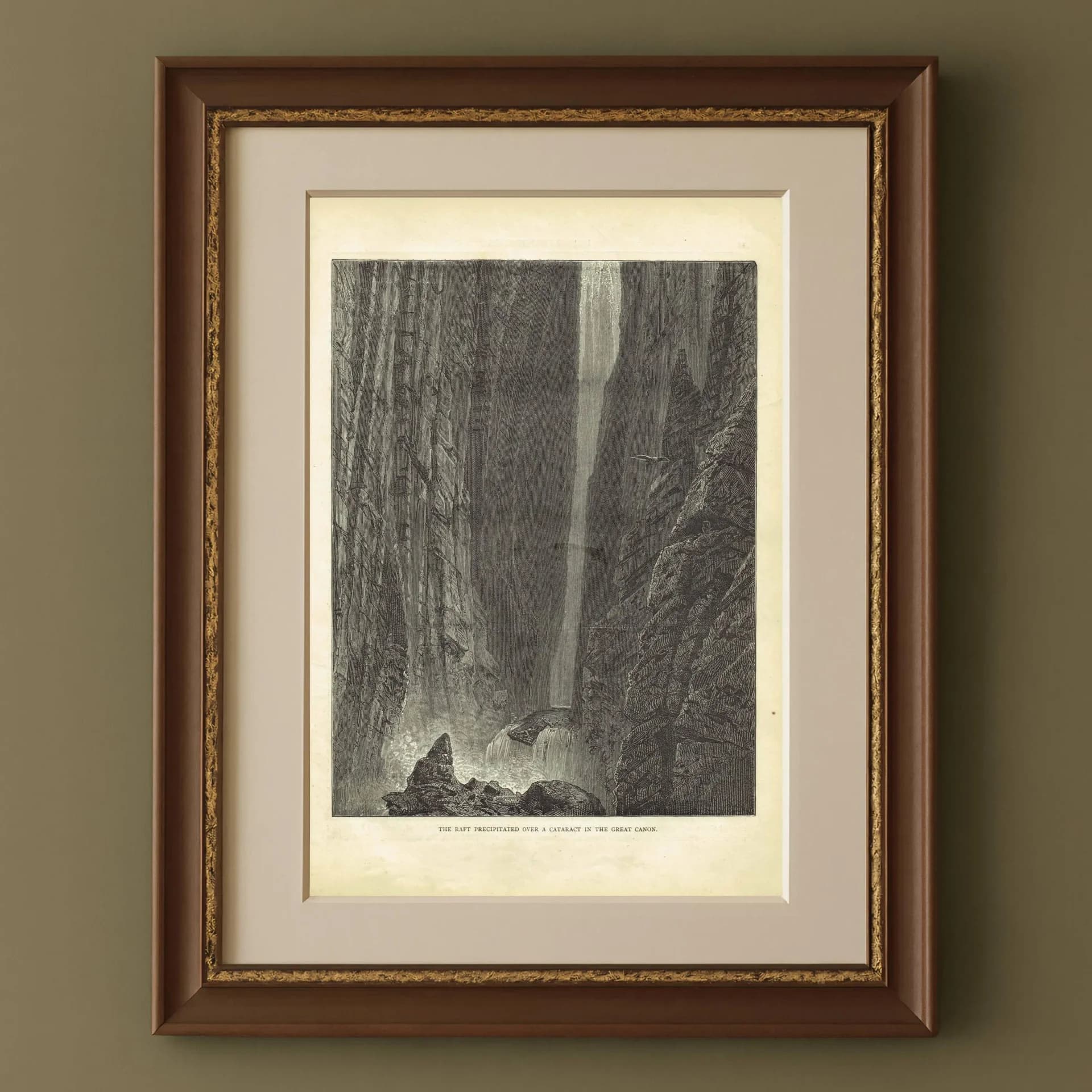 1870s Original Canyon Waterfall Woodblock Victorian Print - Dramatic Landscape Adventure - Illustrated Travels Book - 8.5 x 12 in