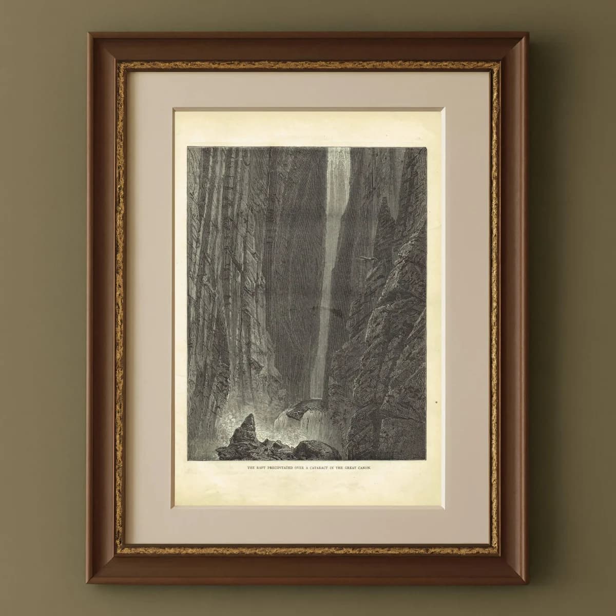 1870s Original Canyon Waterfall Woodblock Victorian Print - Dramatic Landscape Adventure - Illustrated Travels Book - 8.5 x 12 in