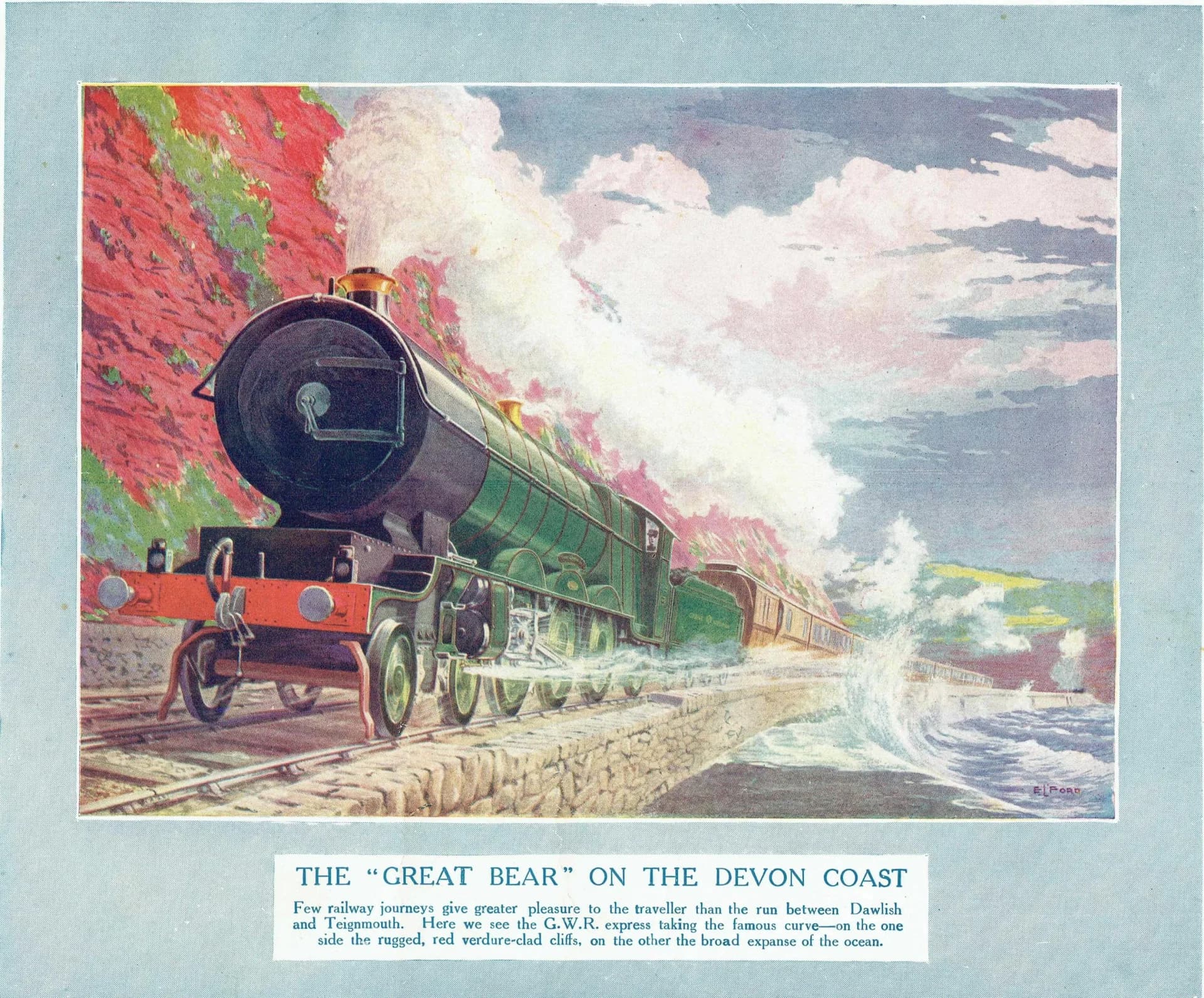 1922 GWR Great Bear Devon Coast - Original Vintage Print By E. Ford - Steam Locomotive Railway Dawlish Teignmouth Art - 9.5 x 8 in