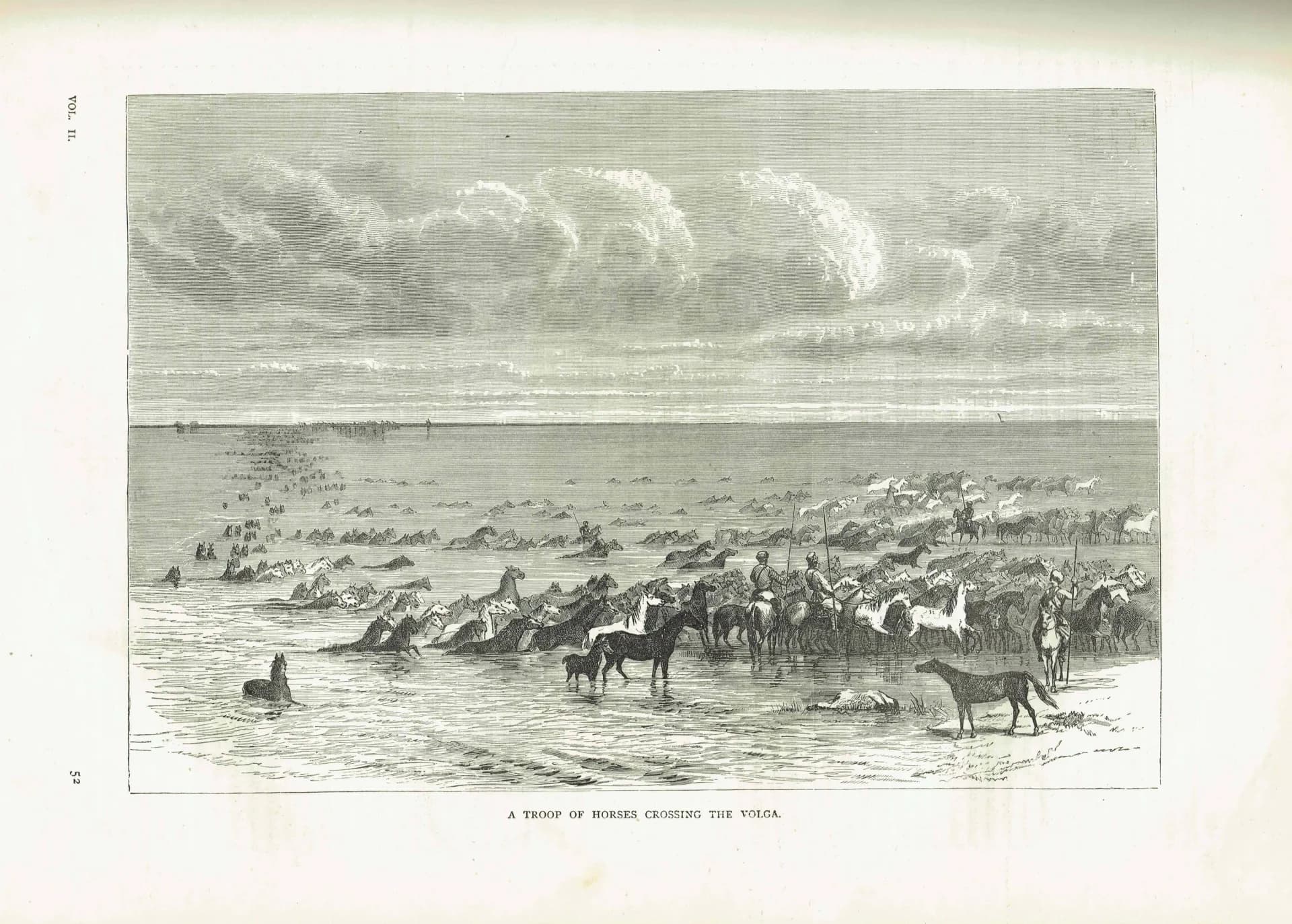 1871 Horses Crossing the Volga - Antique Engraving By Bates - Russian River Landscape Victorian Travel Scene - 11.5 x 8 in
