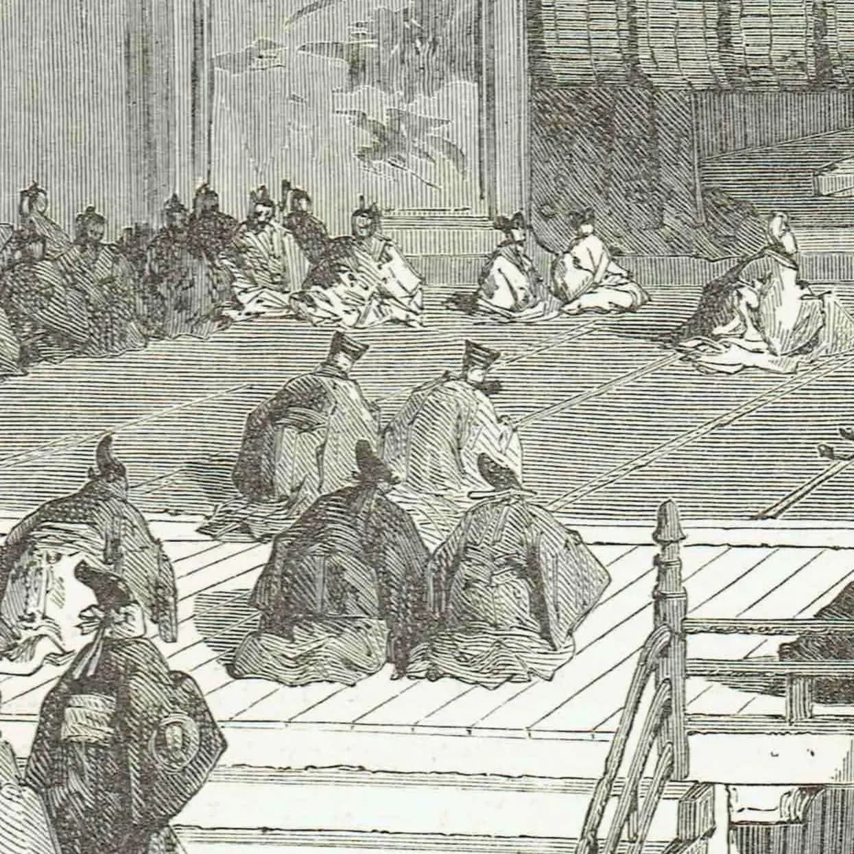 1869 Visit of Tycoon to Mikado Kioto - Original Antique Engraving - Japanese Imperial Ceremony Illustrated Travels - 8.75 x 11.75 in