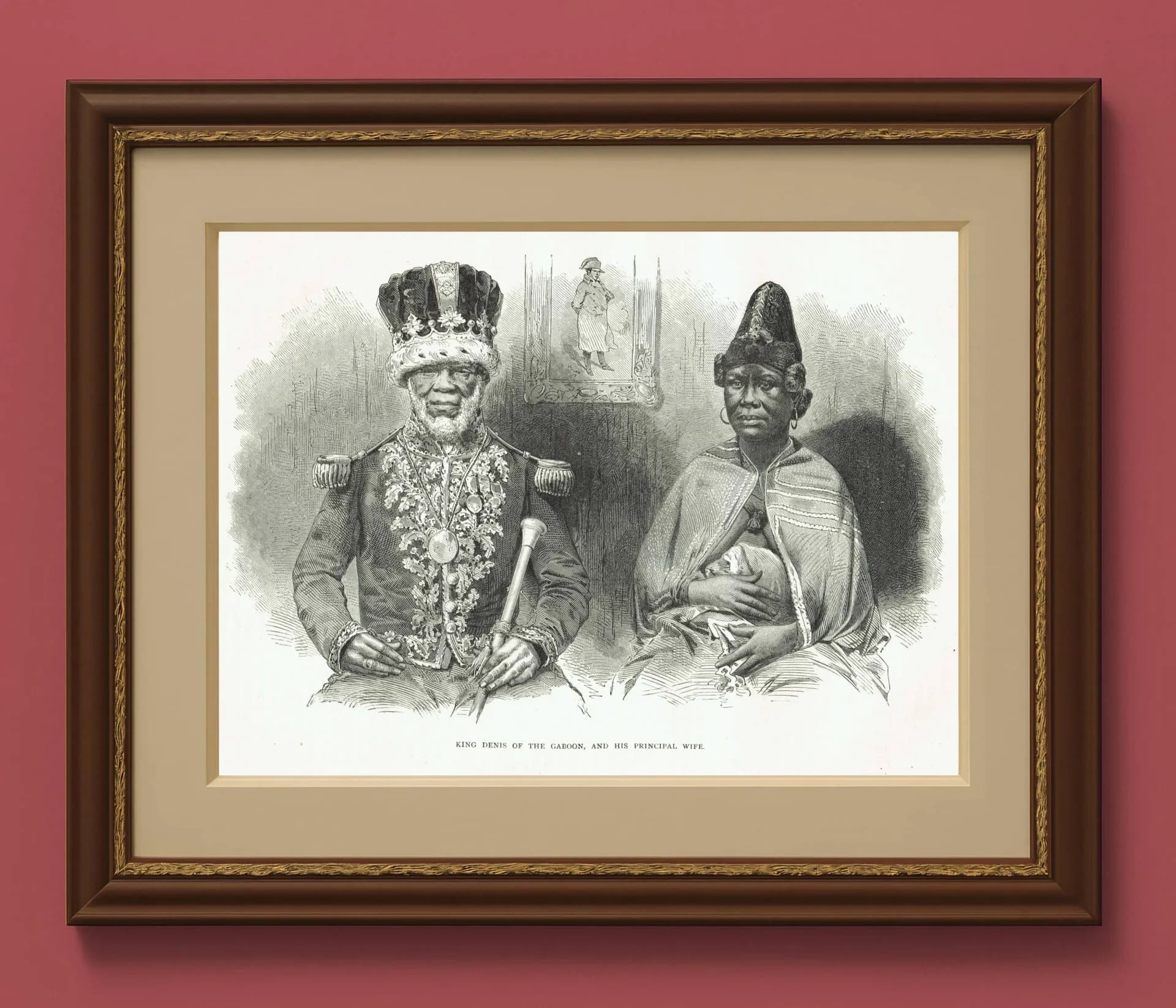 1870s Antique African Royalty Portrait Woodblock Print - King Denis Gaboon Royal Couple - Victorian Travel Book Illustration - 12 x 8.5 in