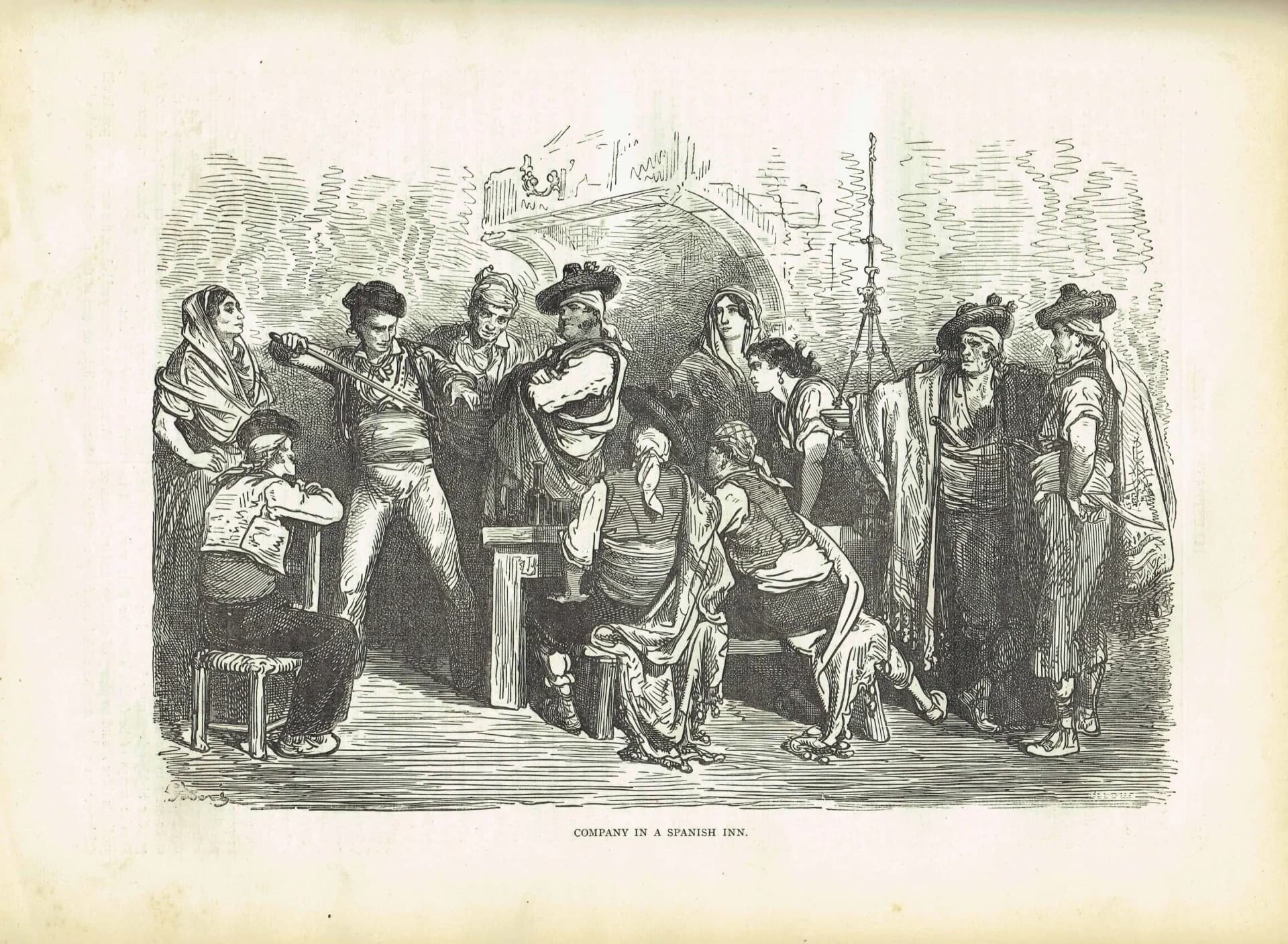 1869 Company in a Spanish Inn - Original Antique Print - Victorian Travel Illustration Cassell Petter Galpin - 11.75 x 8.75 in