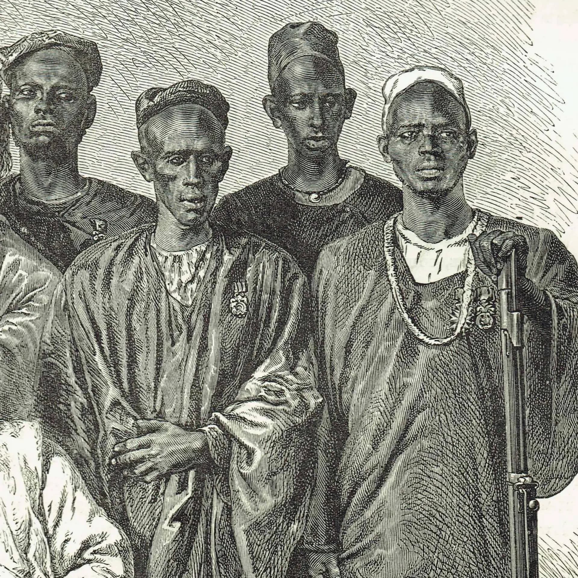 1870s Escort of M. Mage - Antique Engraving - Victorian Africa Travel Portrait Group Study - 8 x 11.5 in
