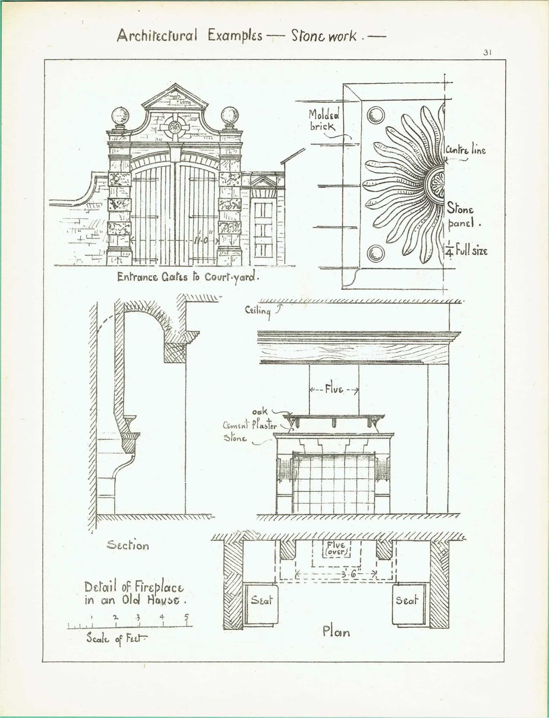 1898 Stonework Architectural Print - Entrance Gates to Court Yard Fireplace - W Fullerton - Building Illustration - 8 x 10.75 in