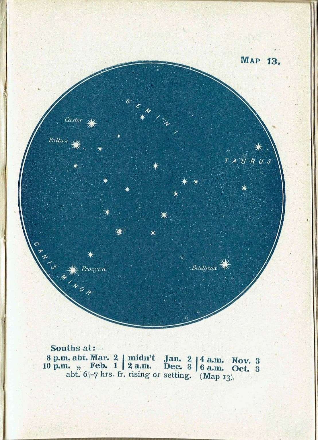 1944 Constellation Map 13 - Original Vintage Print By Gall - Gemini Taurus Castor Pollux Astronomy Star Chart Atlas - 4 x 6 in