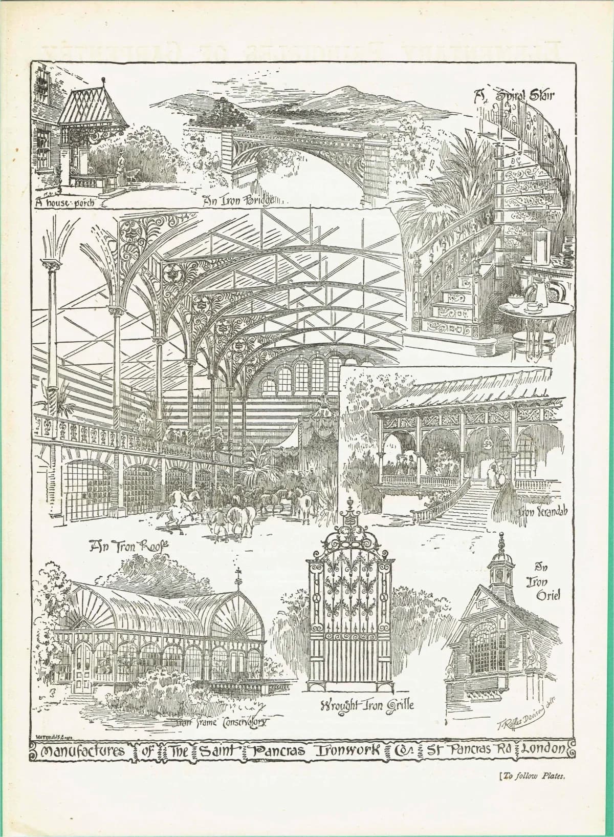 1898 Architectural Ironwork Print - St Pancras Ironwork Co Designs, Bridges, Roofs & Spiral Stair - Antique Plate - 8 x 10.75 in